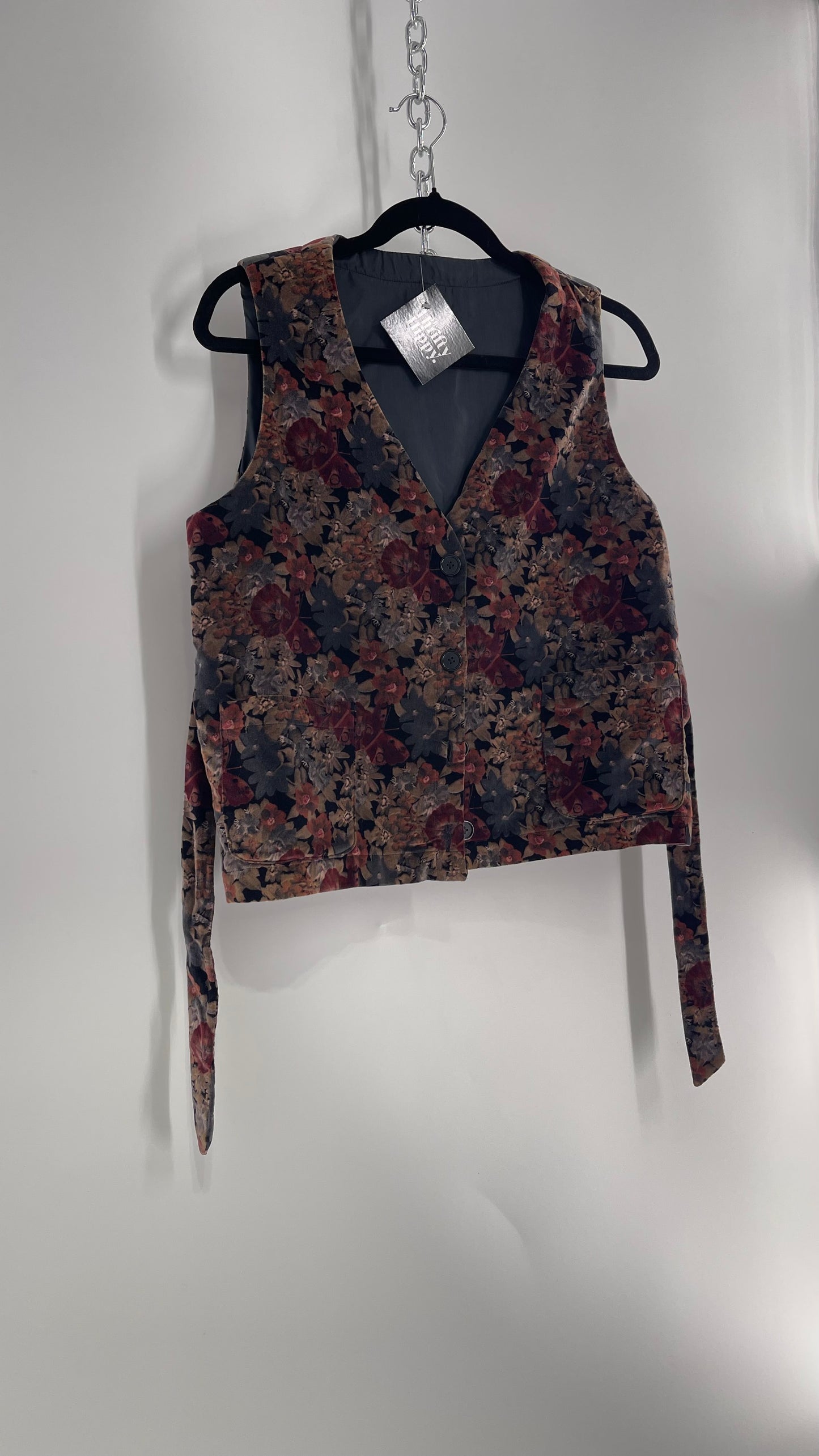 Vintage Muted Florals Velvet Vest with Front Pockets and Waist Tie (Medium)