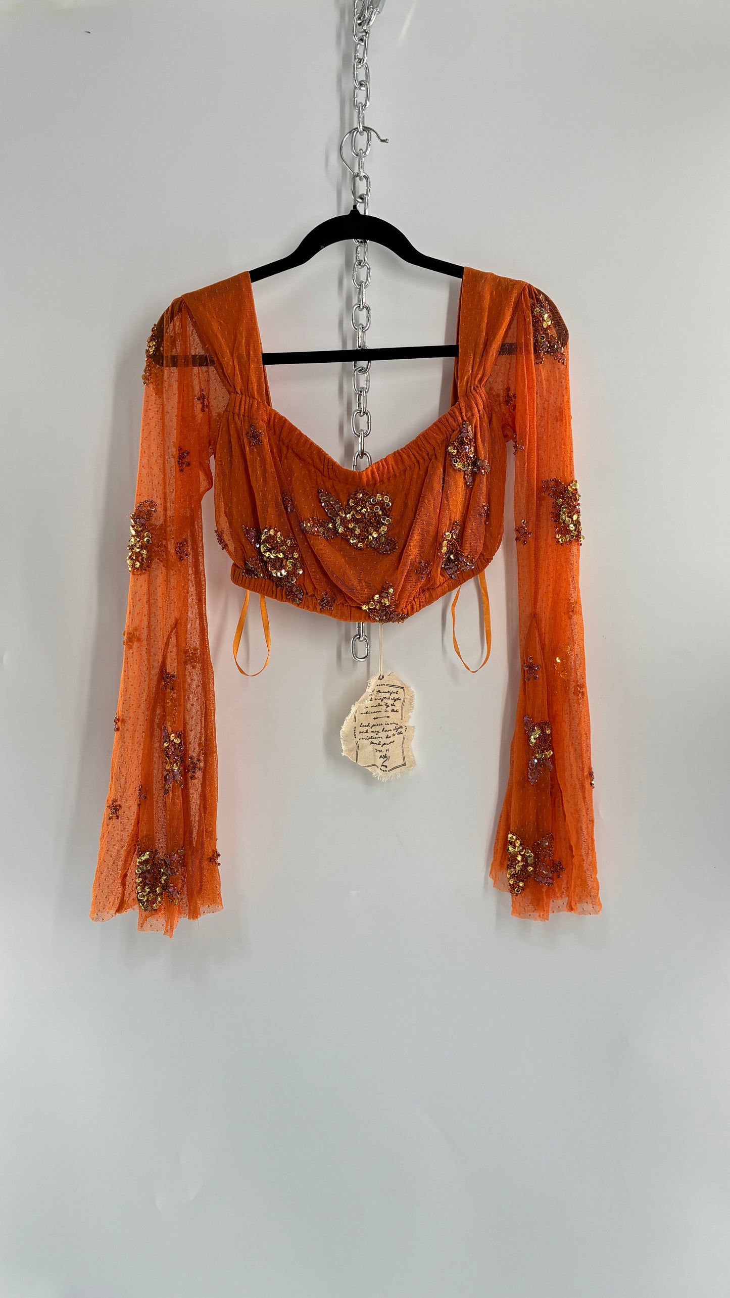 Free People Orange Off the Shoulder Beaded Bell Sleeve with Tags Attached (Medium)