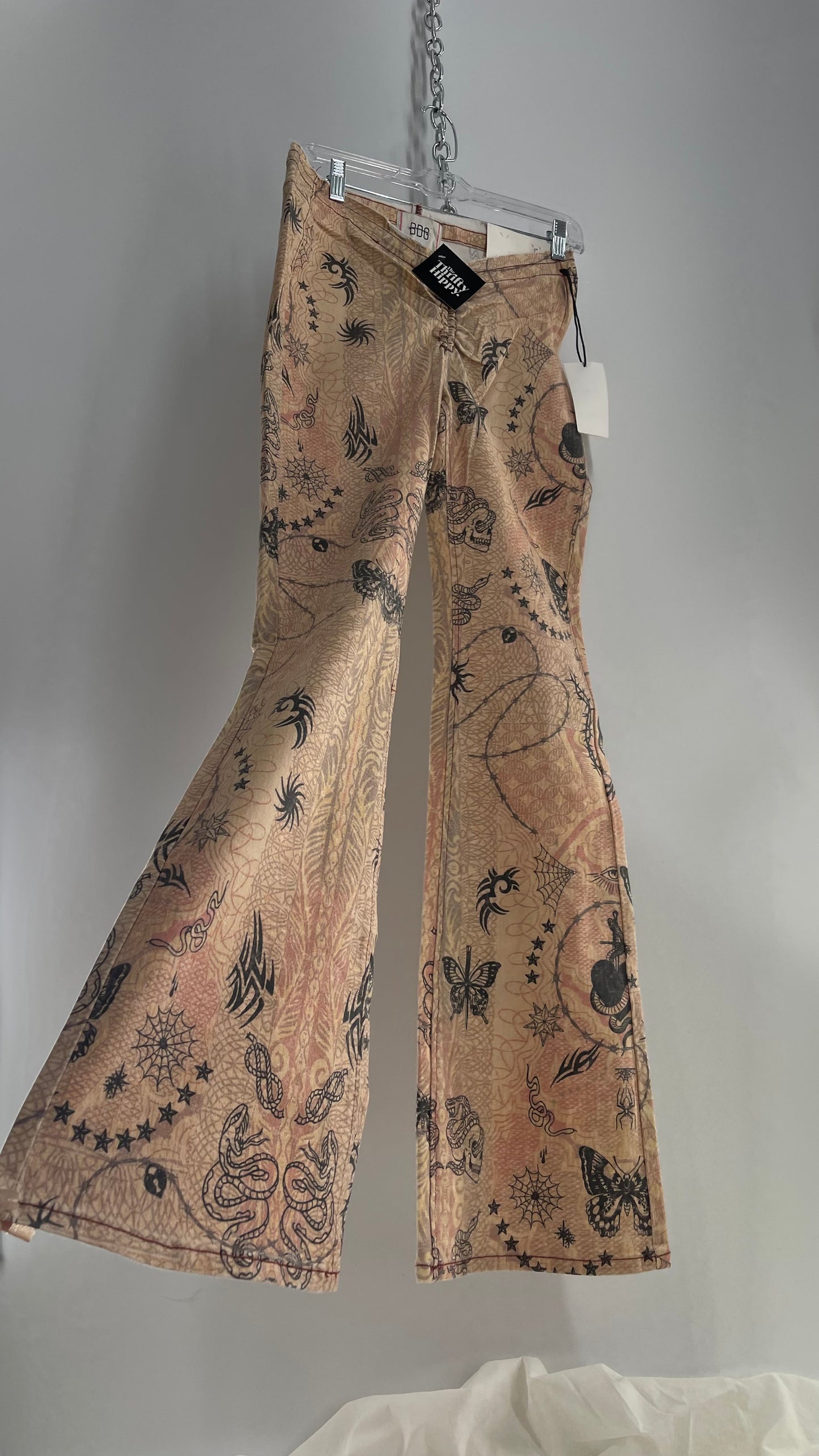 BDG Tan Flare Scrunch Front Flared Bell Bottoms with Tattoo Graphics and Tags Attached (27)