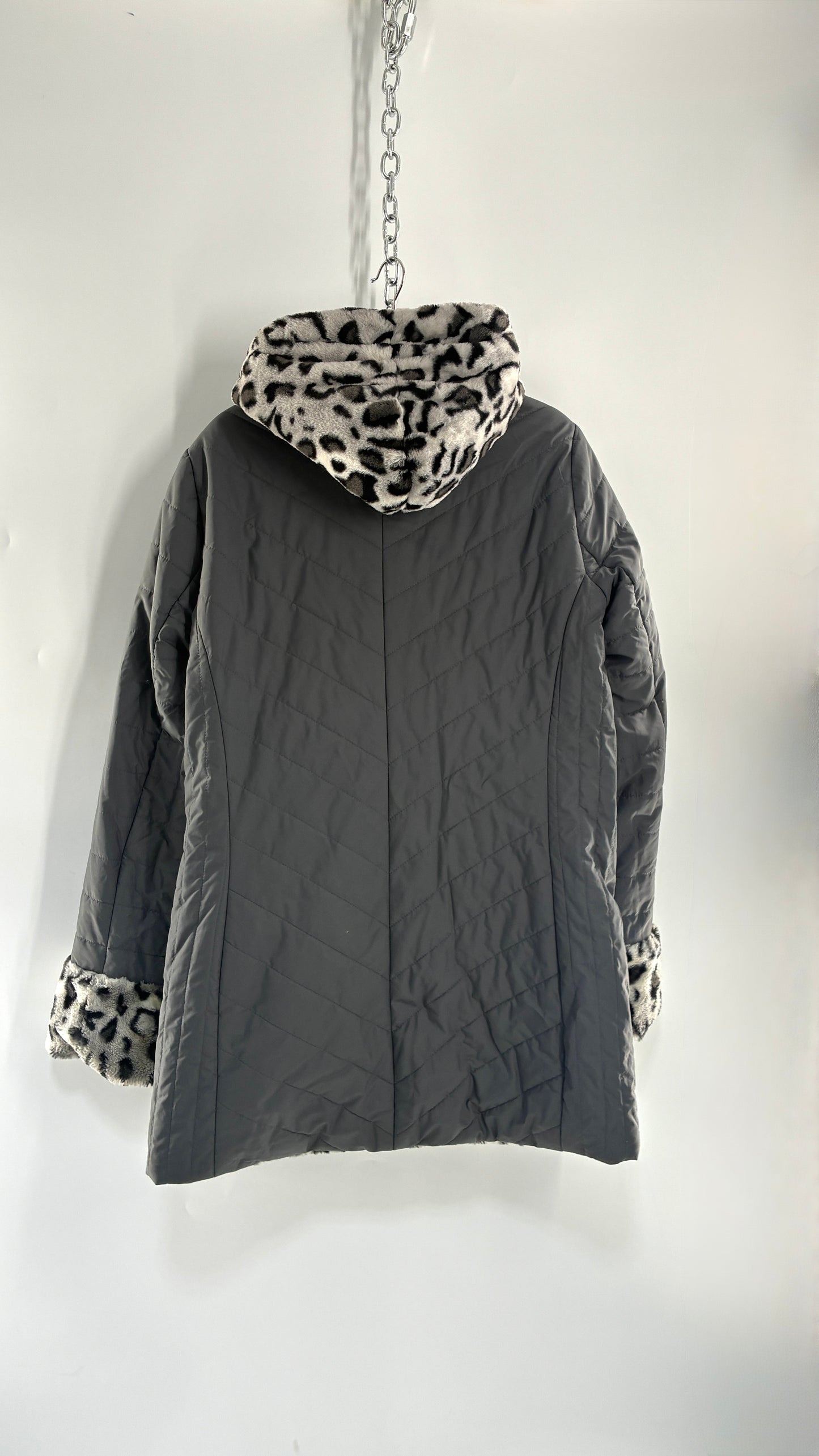 Vintage DENNIS BASSO Reversible Leopard Fur and Quilted, Hooded Coat (Large)