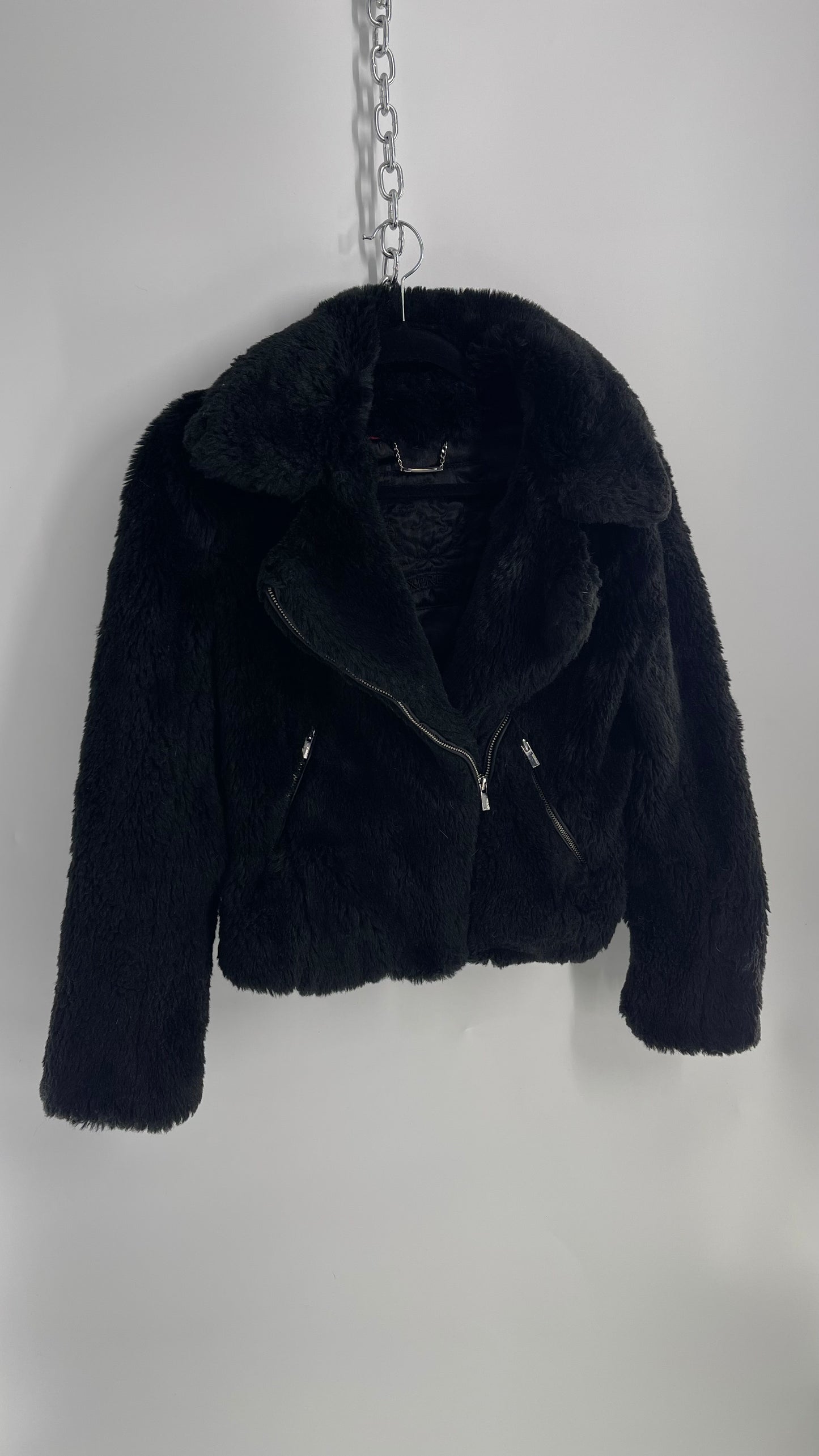 Vintage EXPRESS Fuzzy Black Motorcycle Jacket (Small)