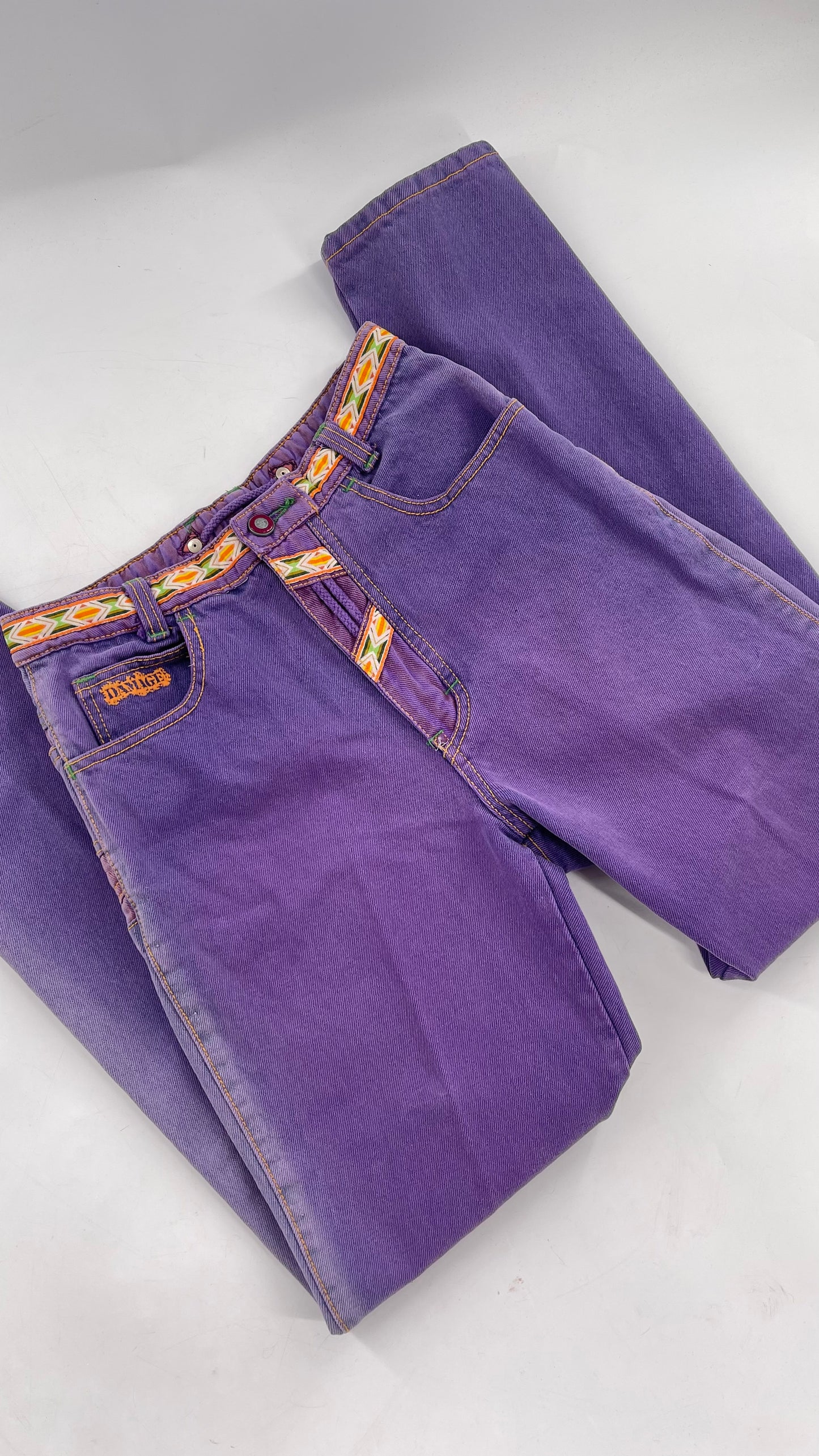 MAJOR DAMAGE 90s Vintage Nostalgic Nickelodeon Esque High Waisted Jeans with Cargo Pocket and Patterned Trim Detailing (2)