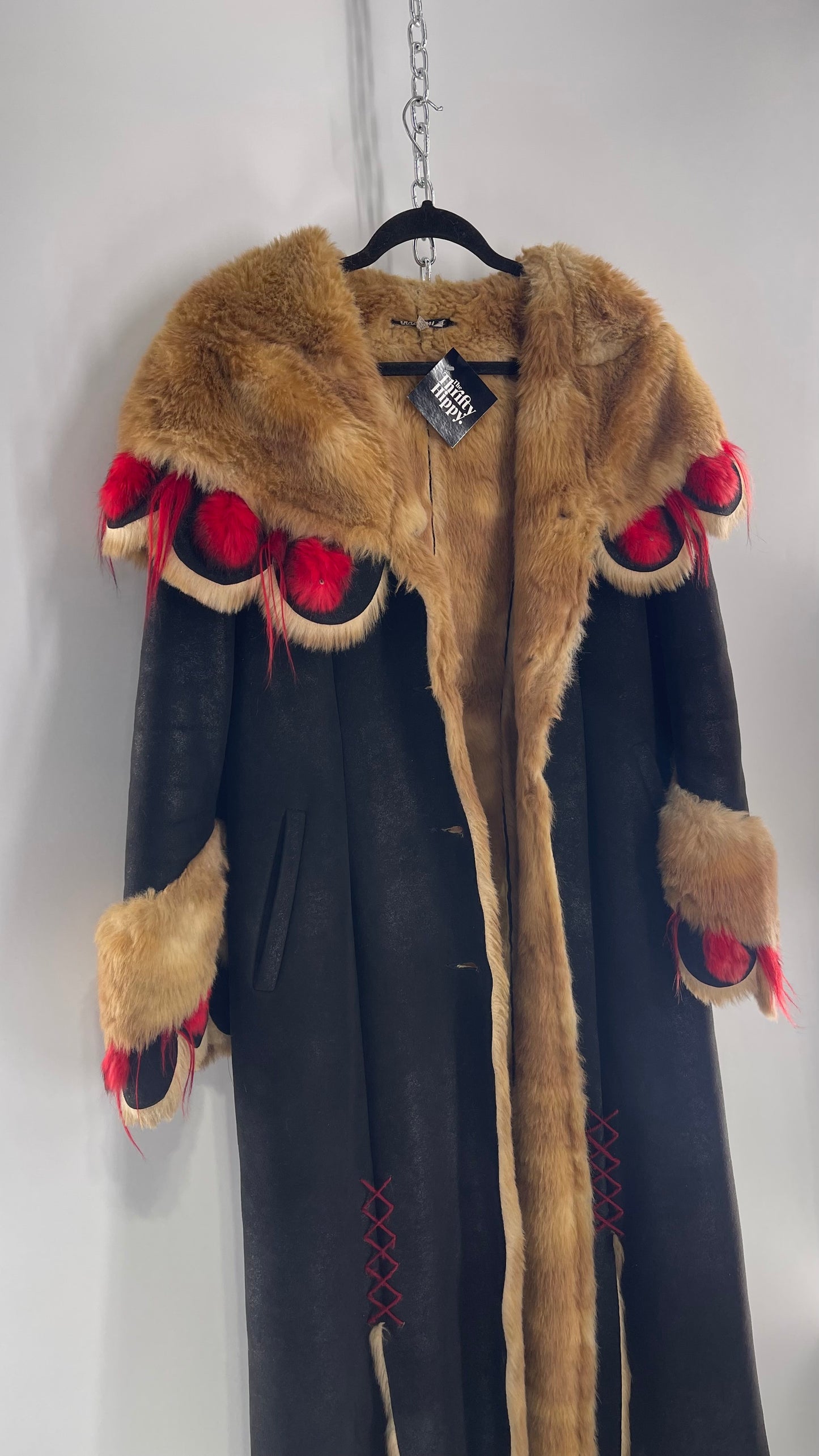 Vintage Russian Black Coat with Brown Fur Piping/Lining, Red Feathers, Scalloped Sleeve, and Hood (Medium)