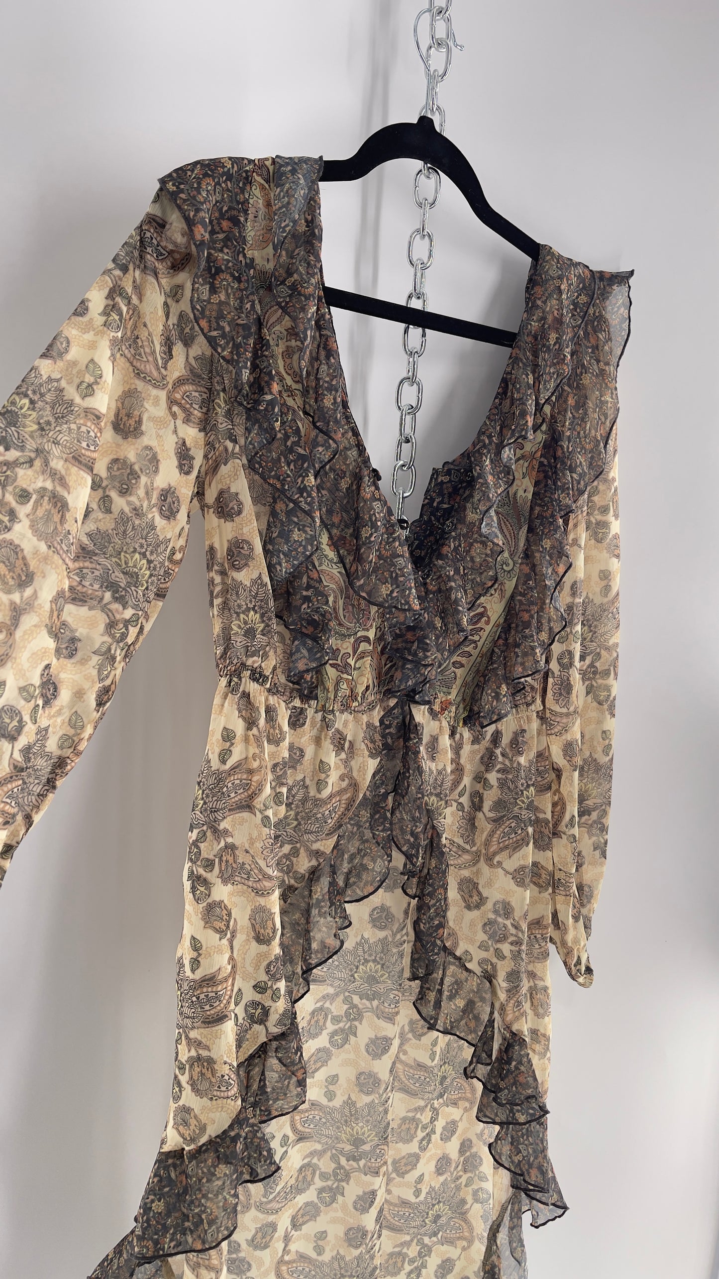 Free People Let Me Be Paisley Dual Toned High Low Sweeping Cape with Ruffled Bust and Hemline with Tags Attached (Small)