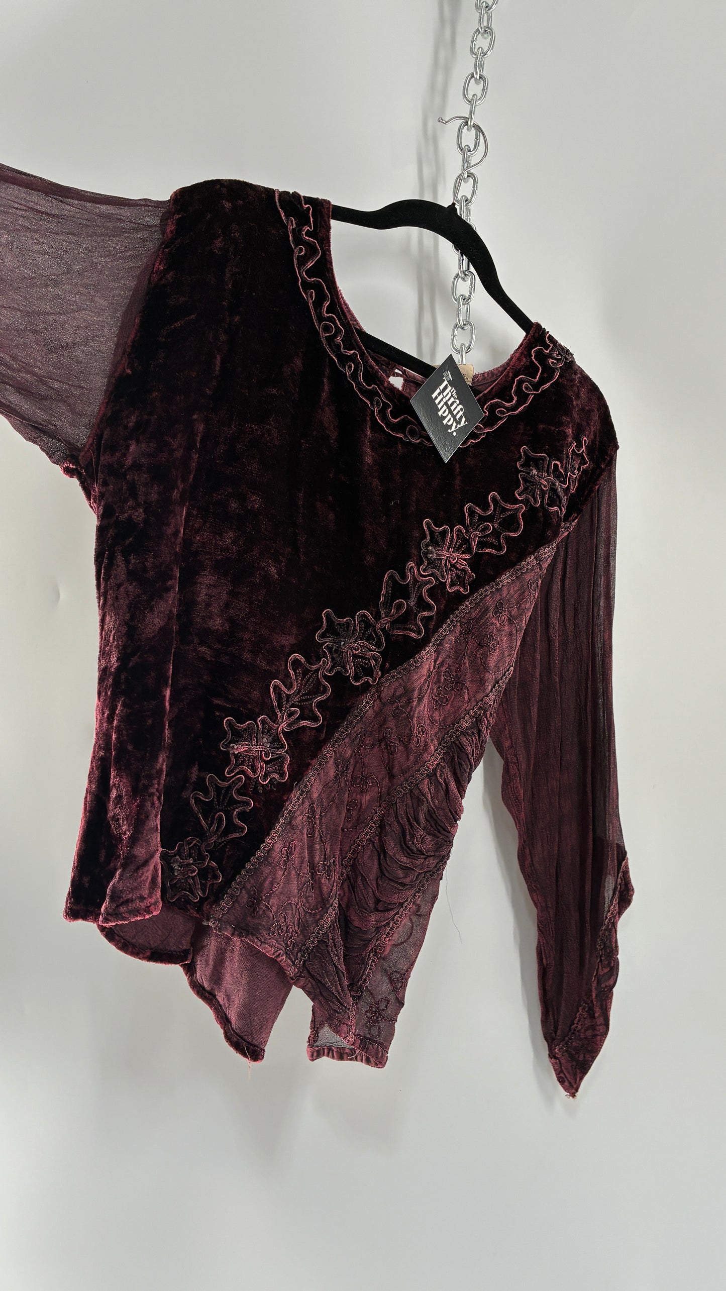 Vintage 1990s Burgundy Velvet Tie Back Blouse and Sheer Paneled Skirt (OS)