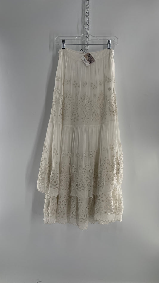 Free People White Embroidered Eyelet/Lace Voluminous Tiered Ruffle Full Length Skirt (4)