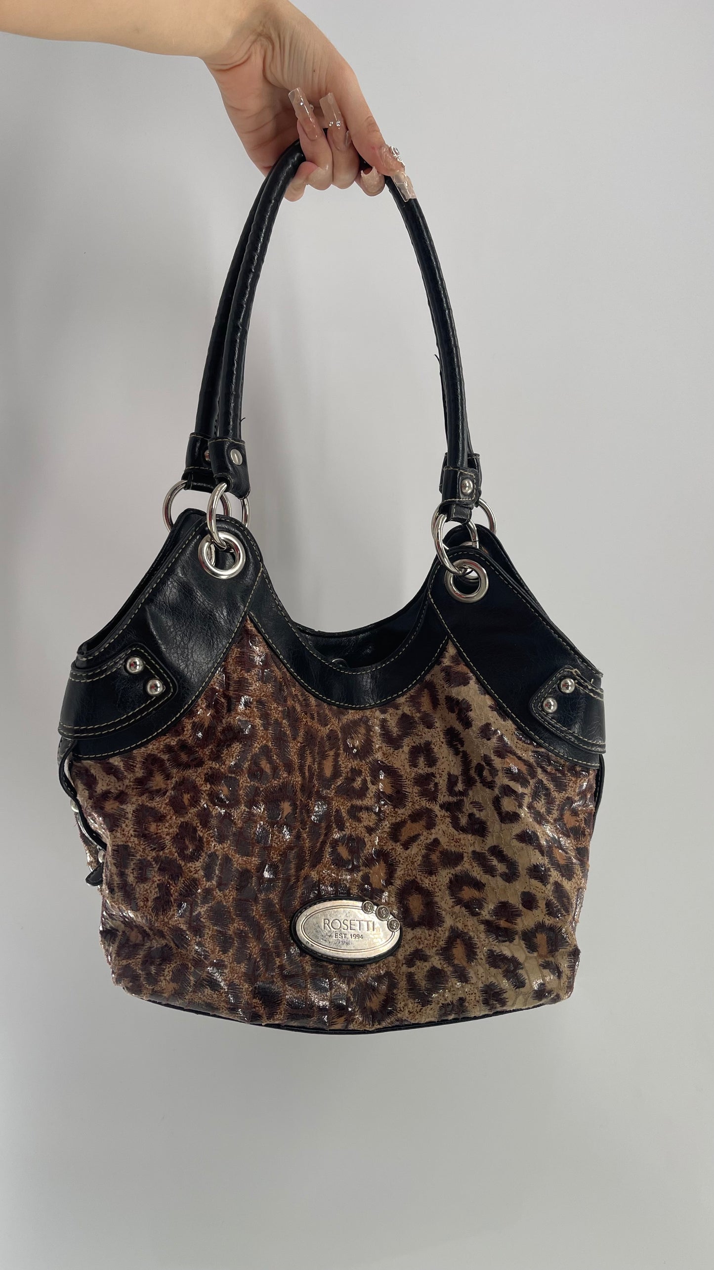 Vintage Rosetti Sequin Cheetah Bag with Leather Trim and Straps