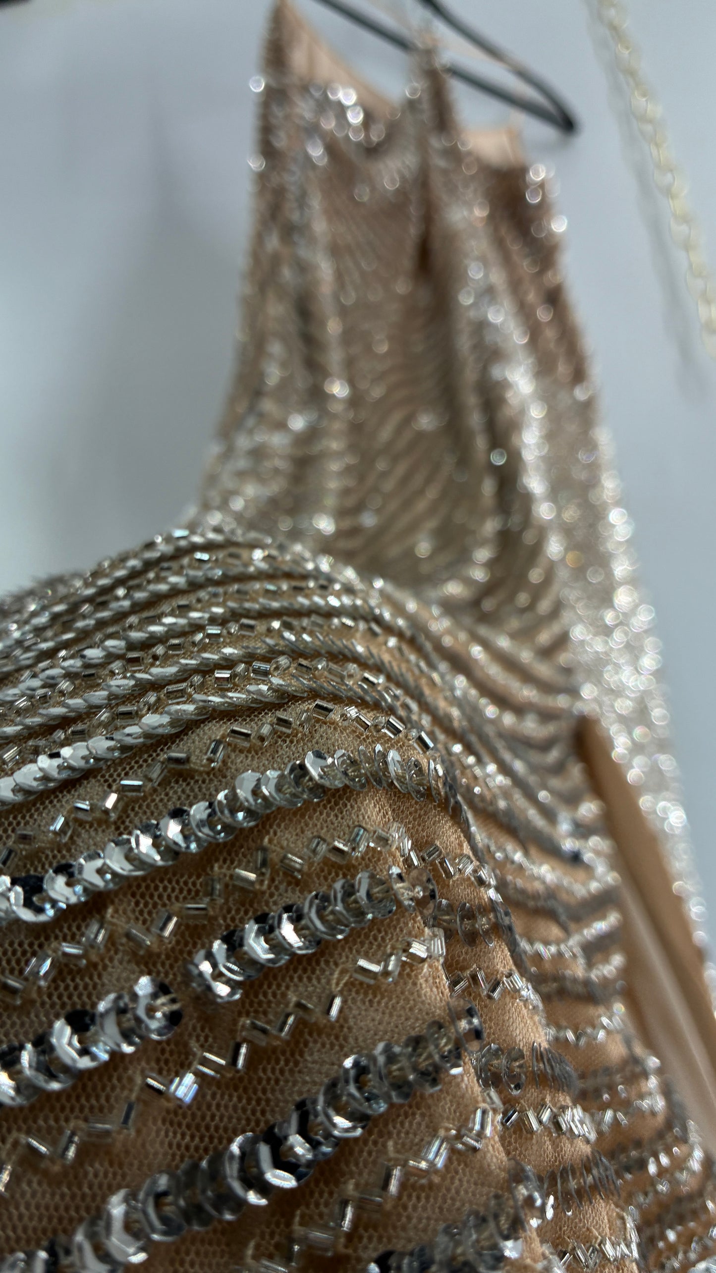 MESHKI Tierra Nude Full Length Dress with Silver Sequins with Tags Attached (XXXL)