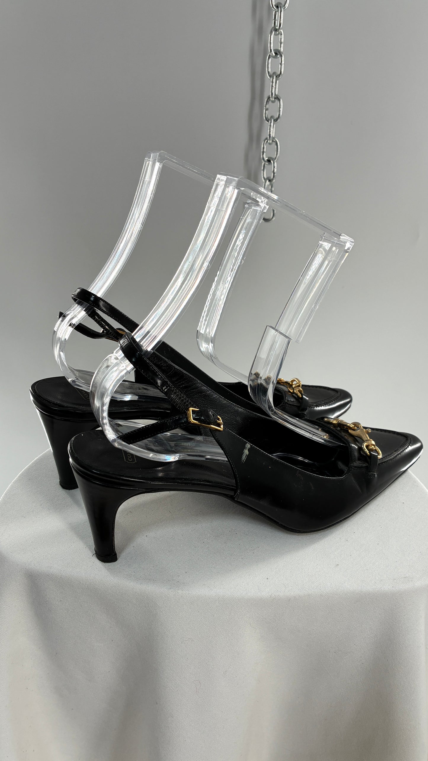 Vintage COACH Black Patent Leather Sling Back Kitten Heel with Brass Closure Detail (8.5)