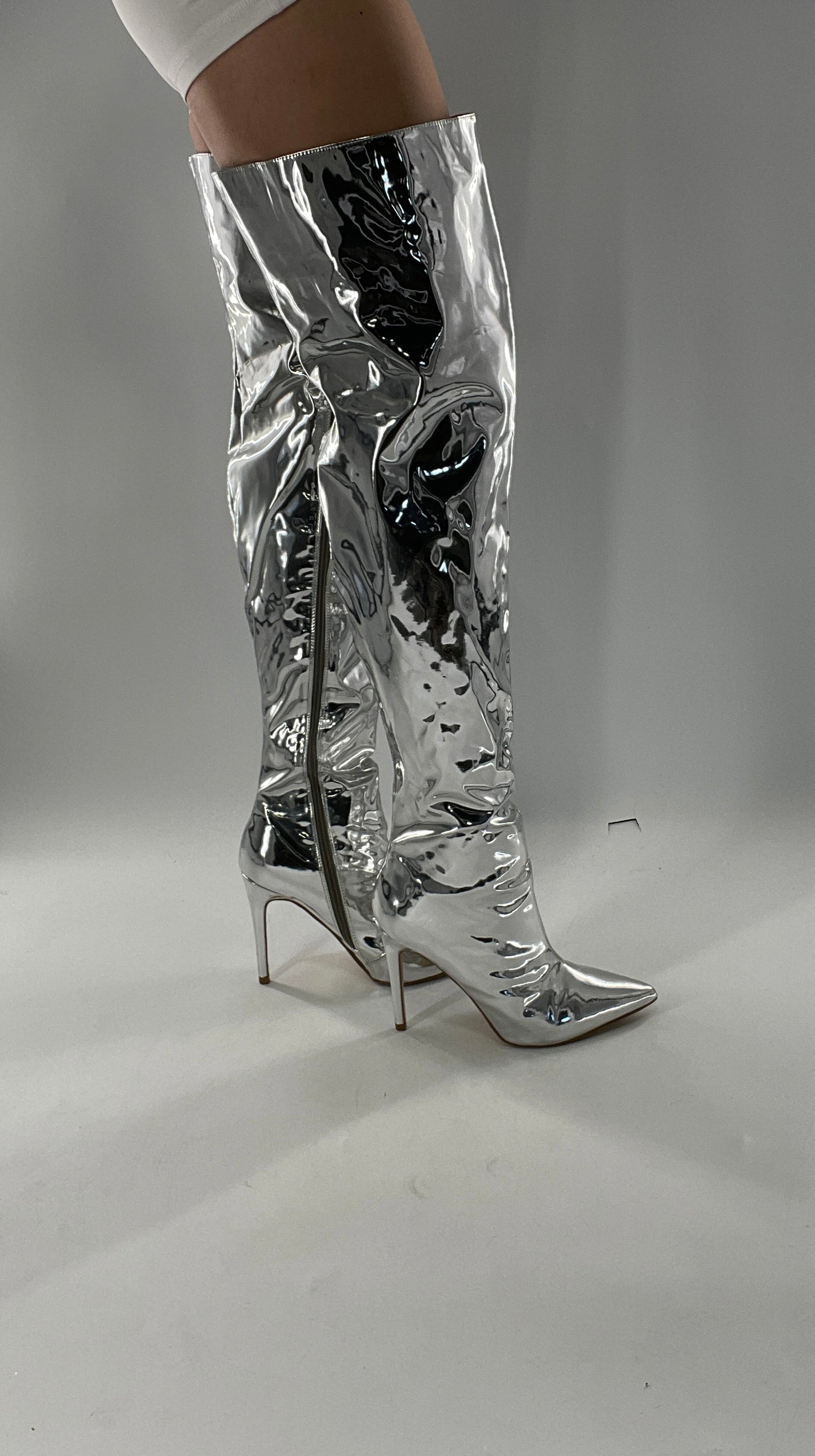 Vintage Chrome Platinum Mirrored Thigh High Molten Metal Sky High Boots Space Cadet/Concert (7)