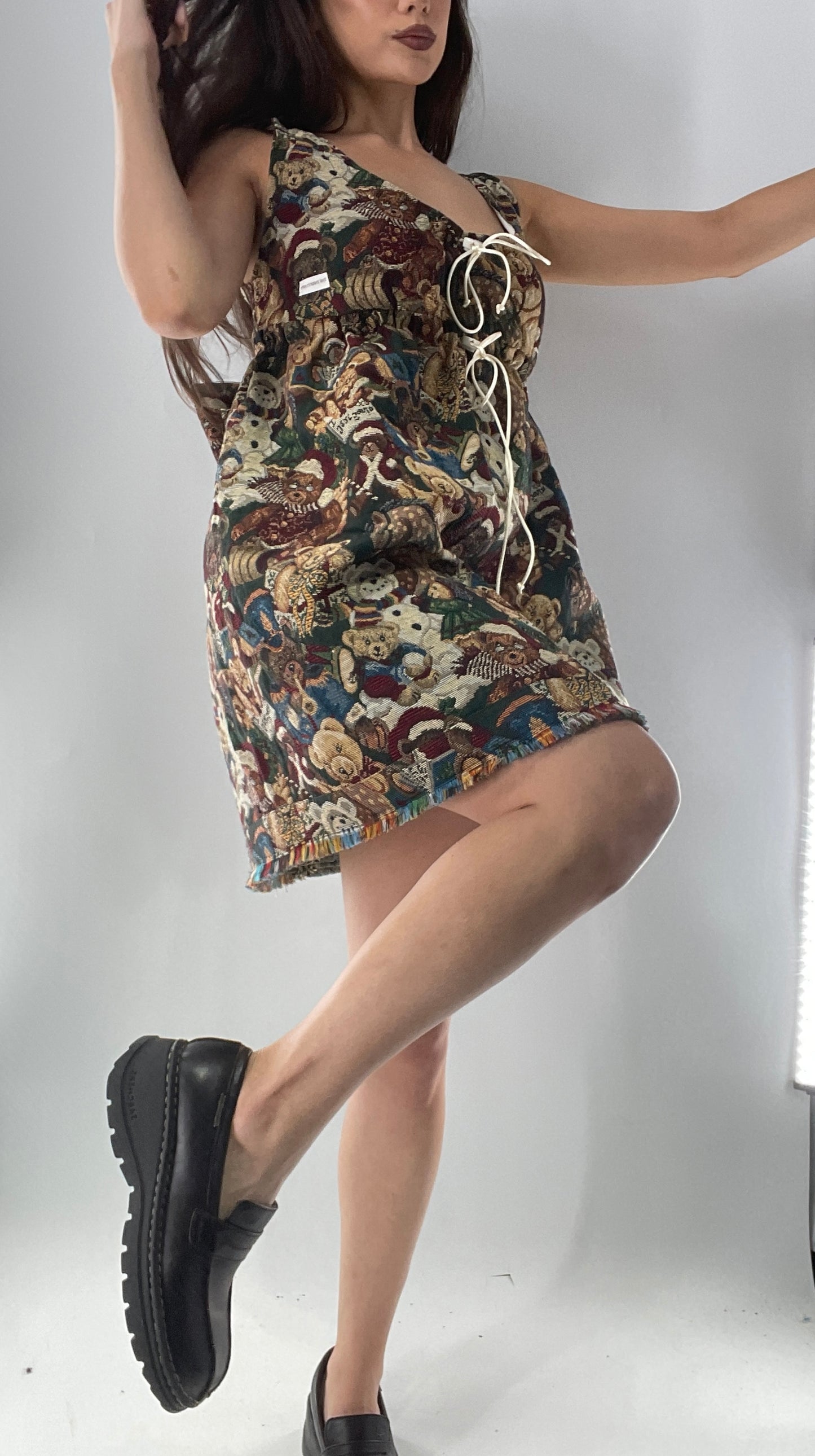 Christmas Custom Teddy Bear Tapestry Babydoll Dress with Bow Back Detail and Adjustable Neckline/Underbust (XS-L)