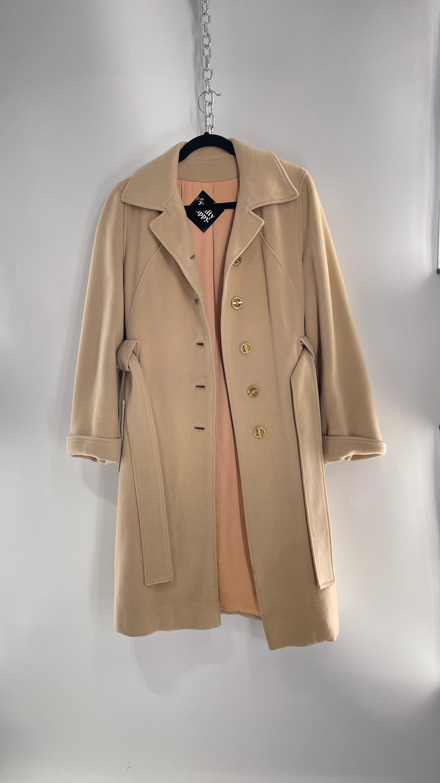 Vintage 100% Amicale Cashmere Beige Cream Coat with Apricot Satin Lining (C) (S/M)