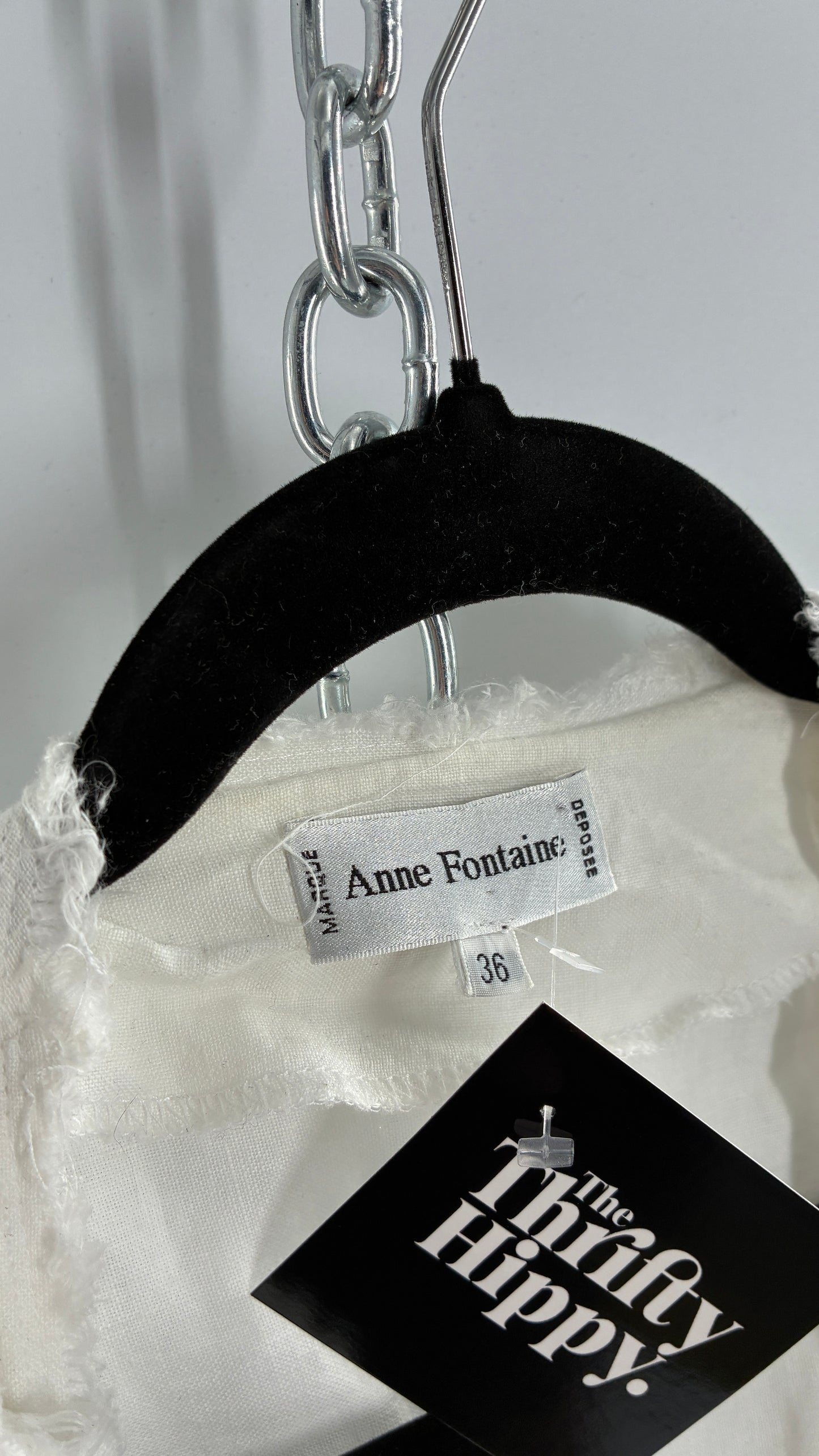 Vintage ANNE FONTAINE Off White Linen Woven Button Up Blouse with Back Corseting, Pearlescent Shell Buttons, and Rosette Details (36)