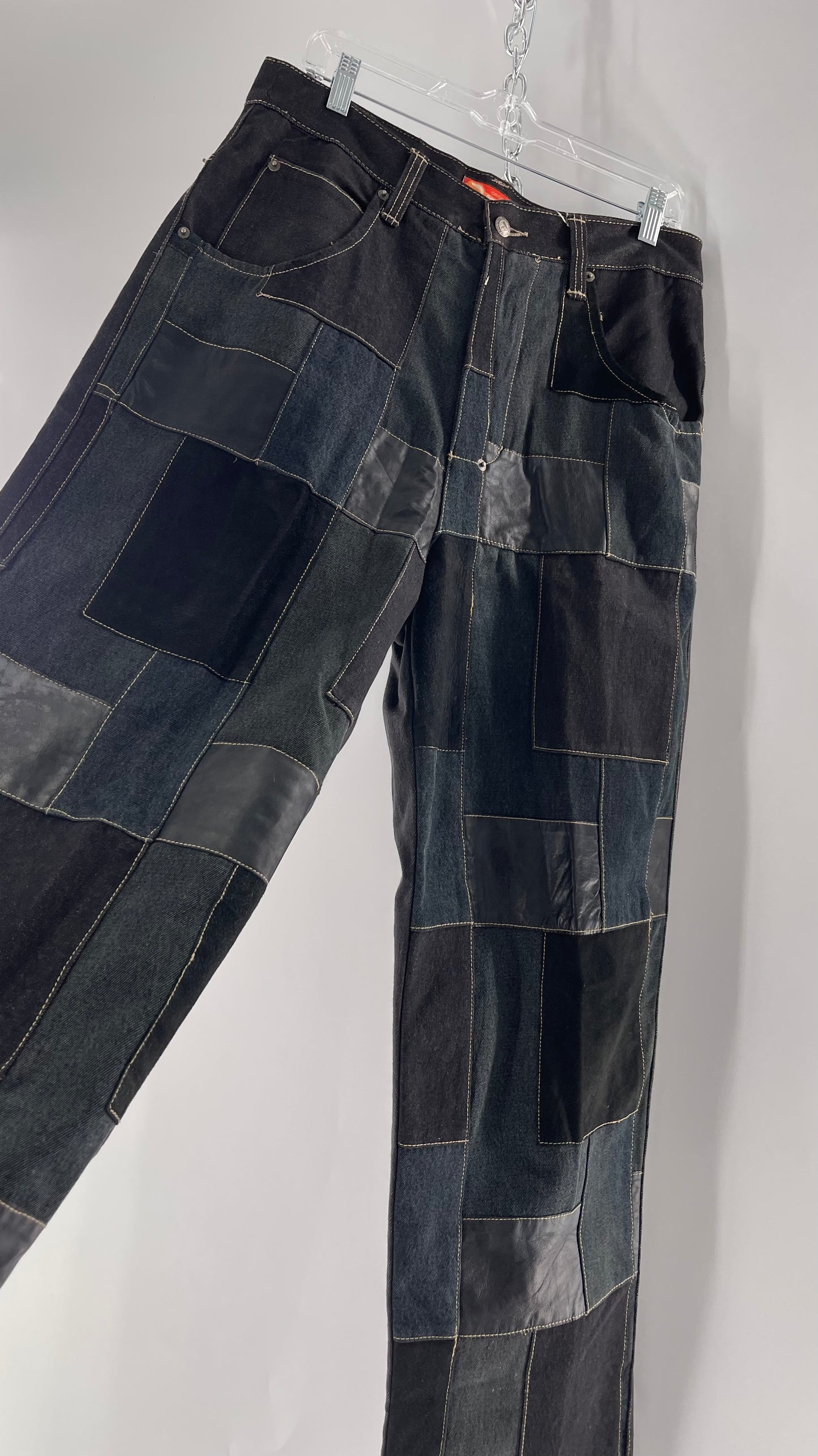 Vintage Original Davoucci Dark Wash Denim with Suede Leather Checker Patchwork Front (34x33)