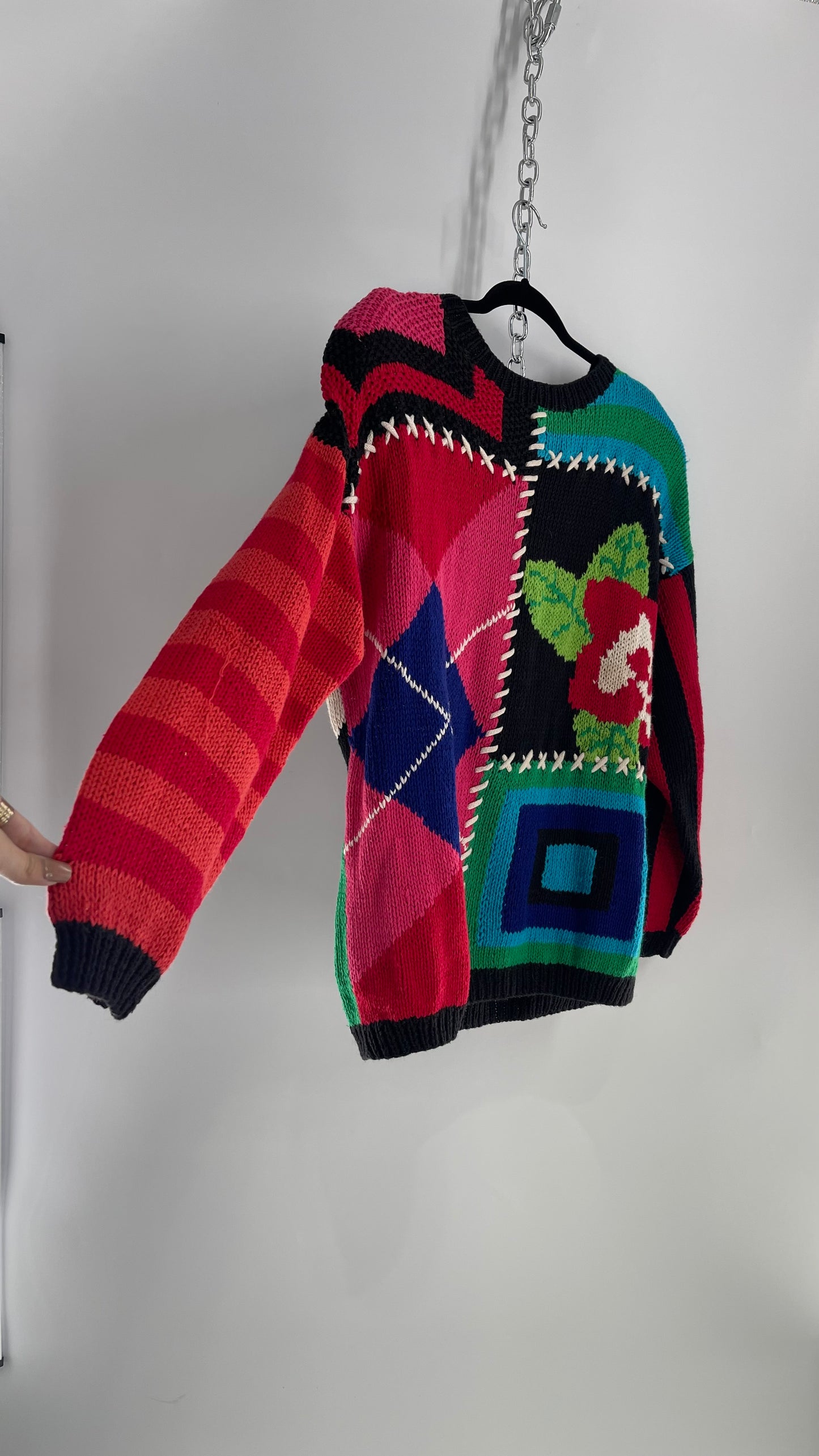 Vintage Daniel Caron Abstract 55% Ramie Argyle Stripes Sweater (Small)