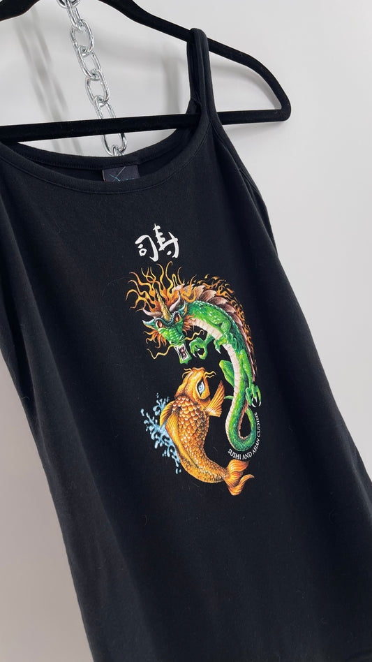 Vintage 90s The Hook Up Black Tank with Dragon and Koi Graphic  (Medium)