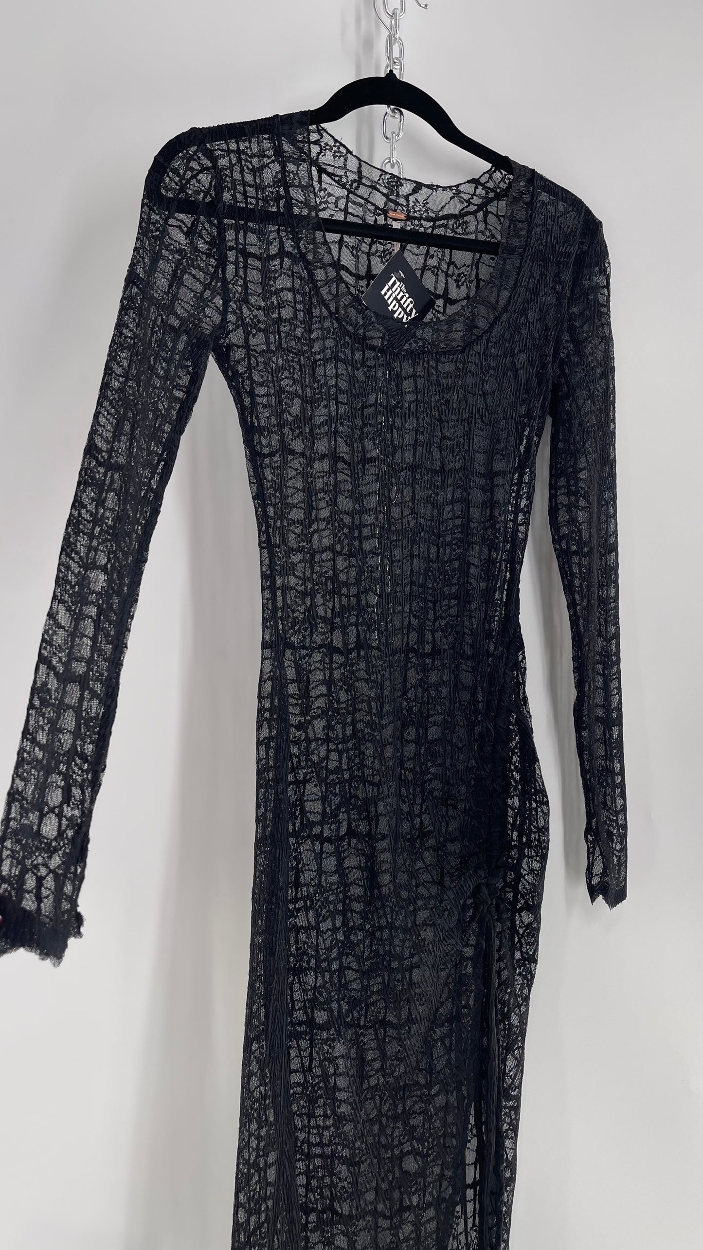 Free People Sabina Black Sheer Crimped Lace Long Sleeve Maxi with Ruched Slit (XS)