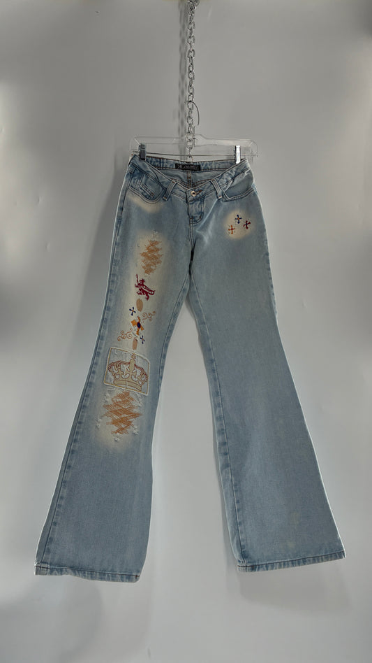 Vintage SAWARY Light Wash Brazilian Jeans with Fade and Embroidered Details (38)