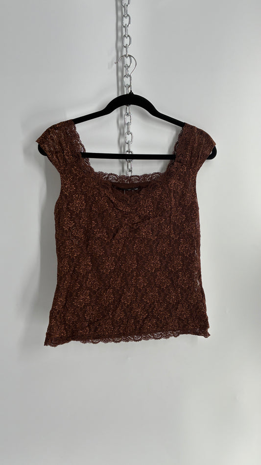 Vintage 1990s Brown Gold Tinsel Lace Straight Neckline Top (M)