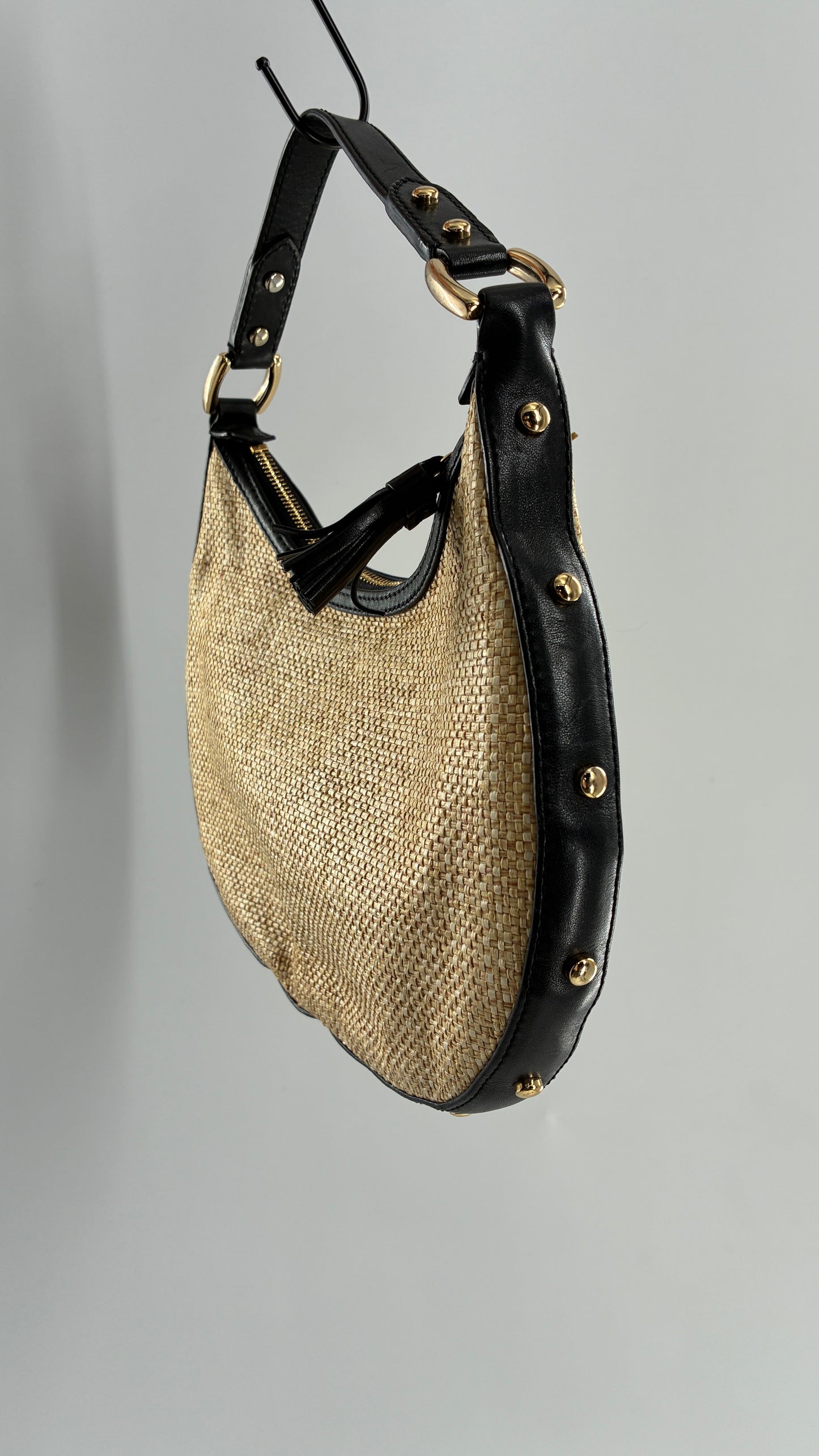 Vintage COLE HAAN Straw Shoulder Purse with Black Leather, Gold Studded Trim