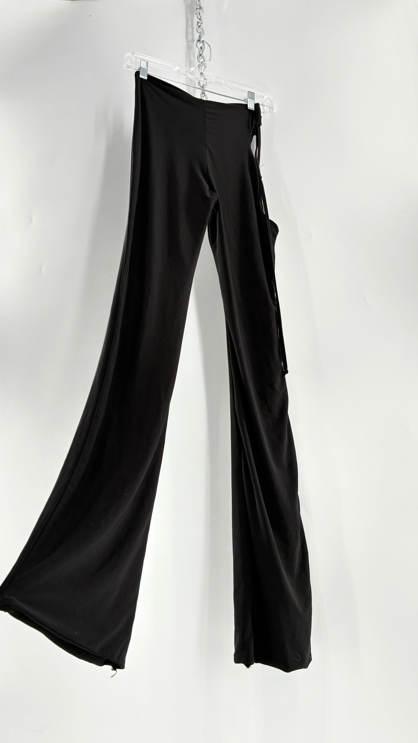 Pretty Little Thing Black Slinky Tie Side Cut Out Flared Double Lined Thick Trousers with Tags Attached (10)