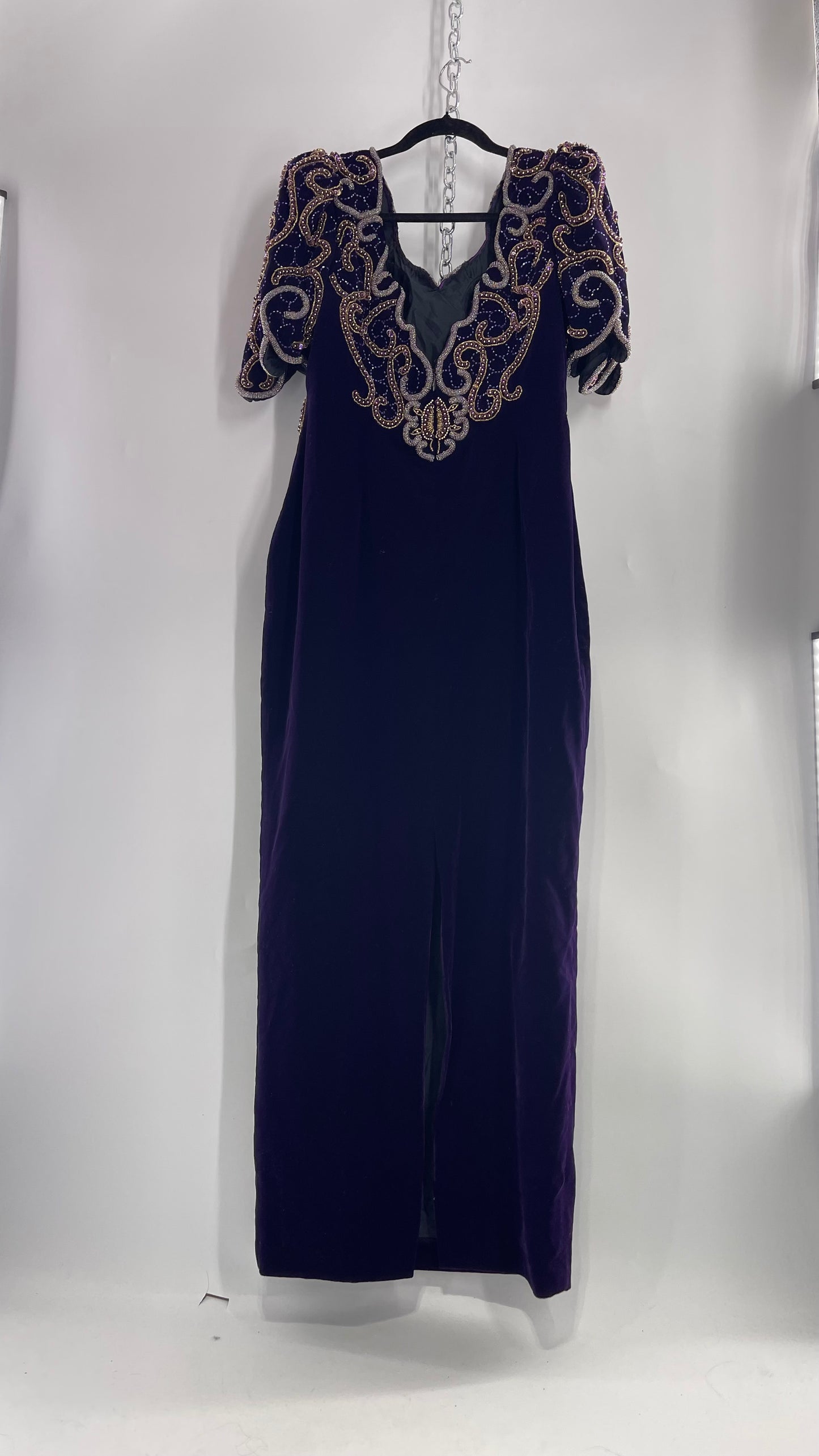 Vintage Landa Heavy Purple Velvet/Velour Gown with exaggerated Beaded Bodice (40)