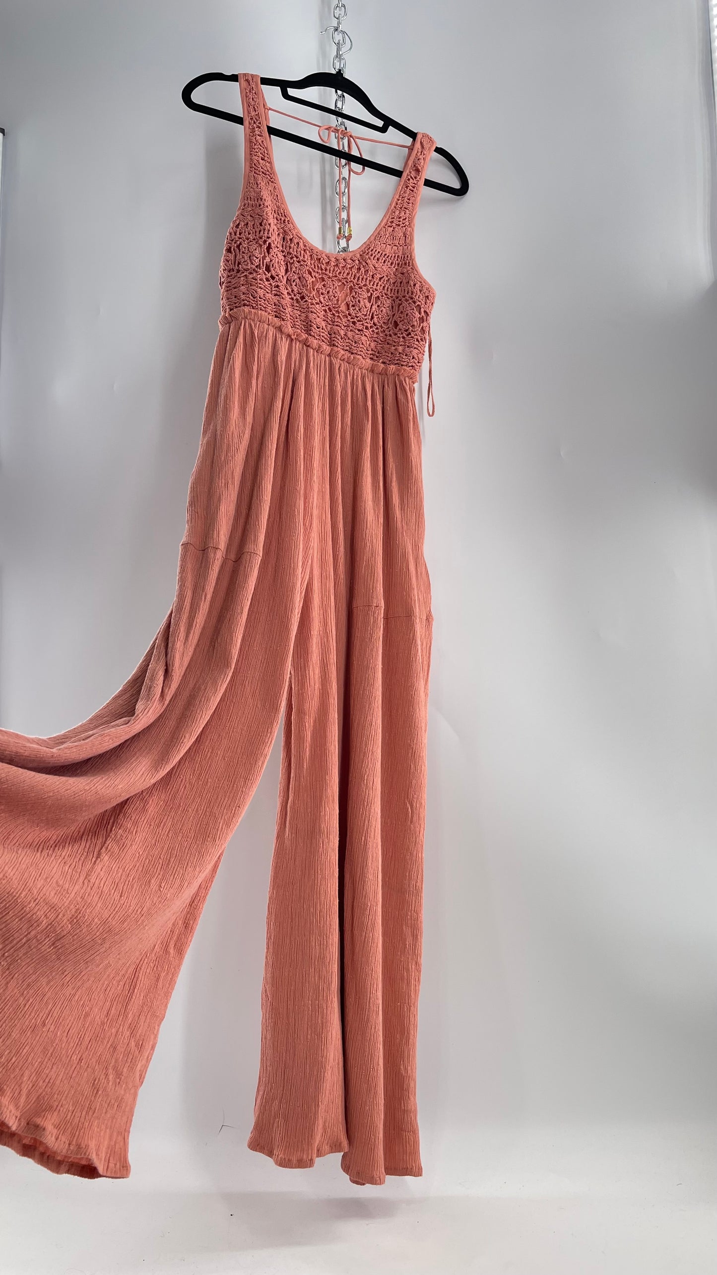 Free People Rose/Peach Pink Wide Leg Jumpsuit with Crochet Bust and Tags Attached (XS)