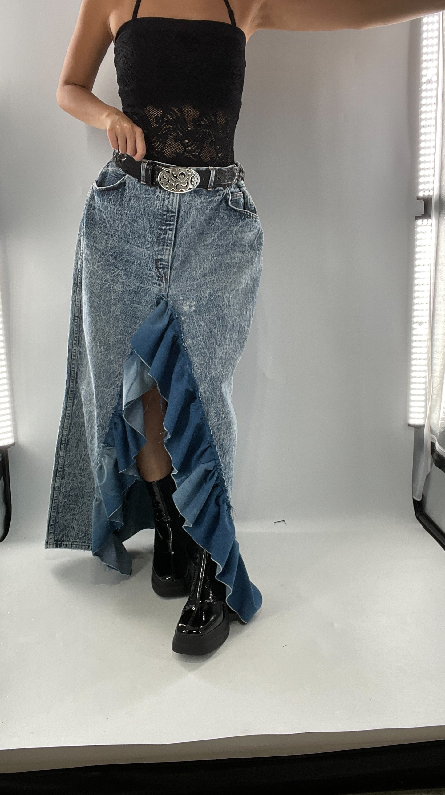 Custom Handmade Acid Wash Denim Slit Front Ruffled Skirt with Bow Bum (Large)