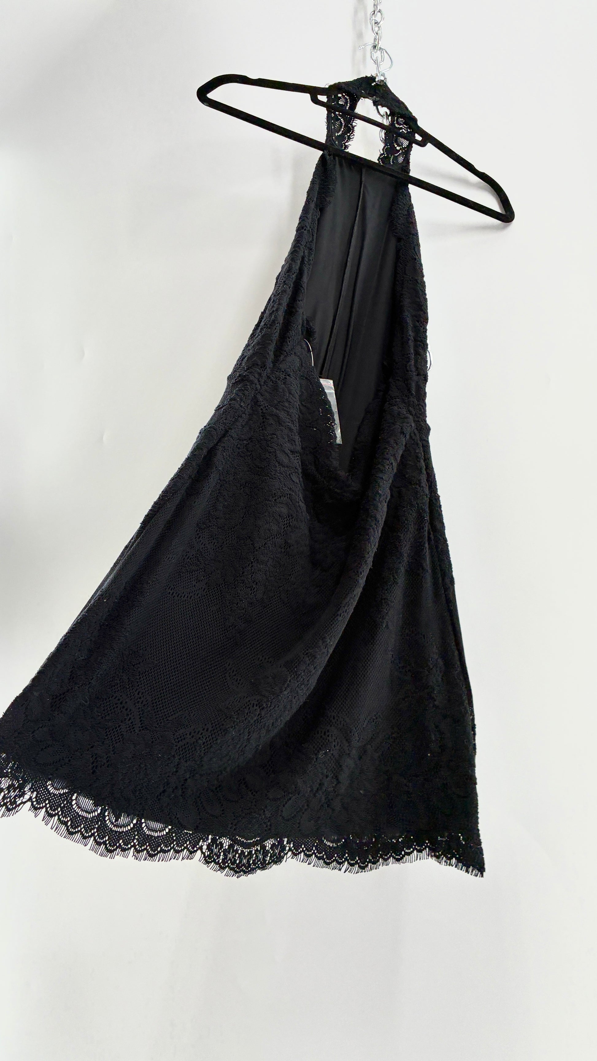 Free People Black Lace Halter Mini Dress with Open Back (Medium) The Thrifty Hippy Free People Black Lace Halter Mini Dress with Open Back (Medium) The Thrifty Hippy
