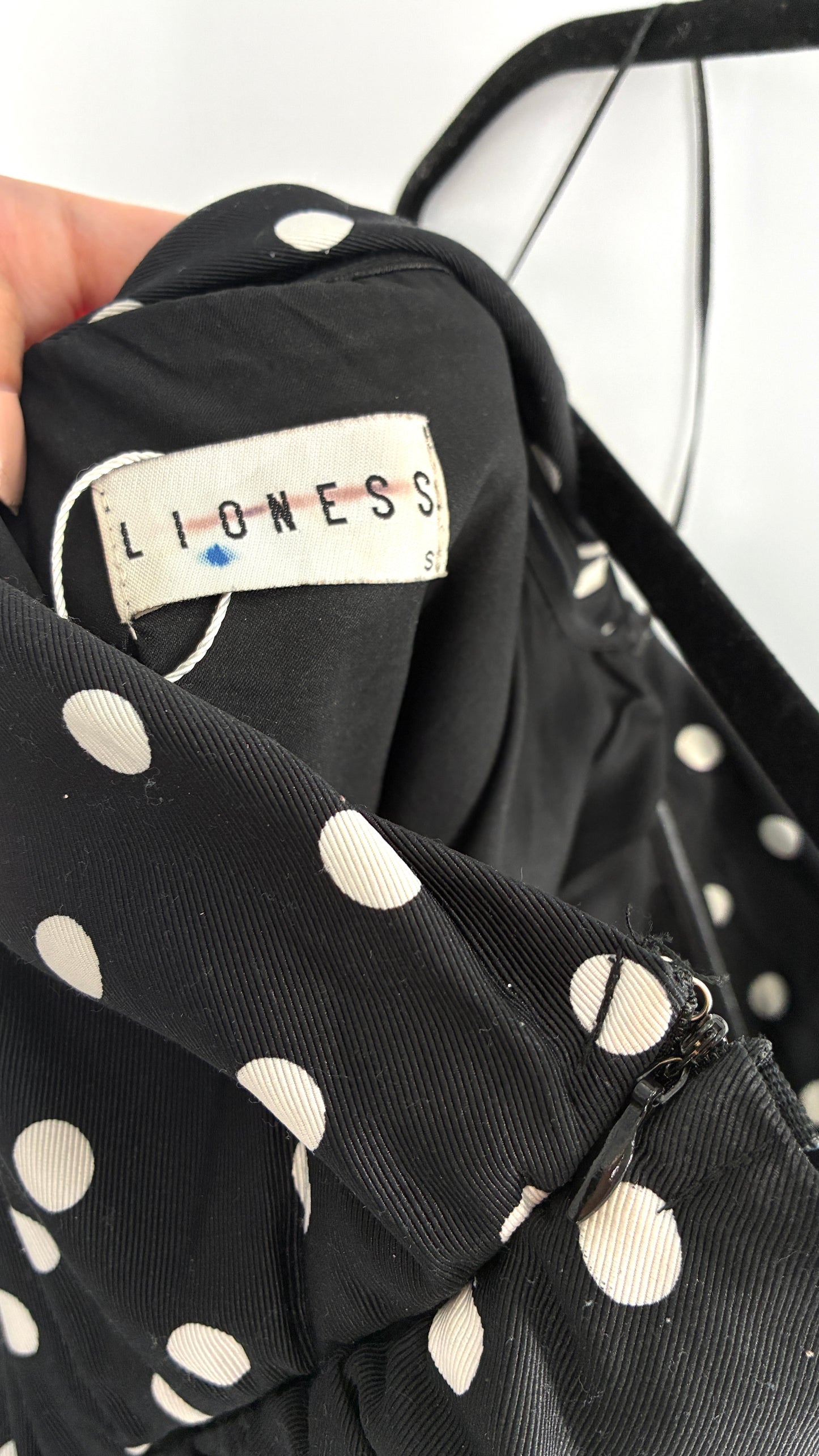 LIONESS Black and White Polka Dot Bodycon Ruched Mini Dress (Small)