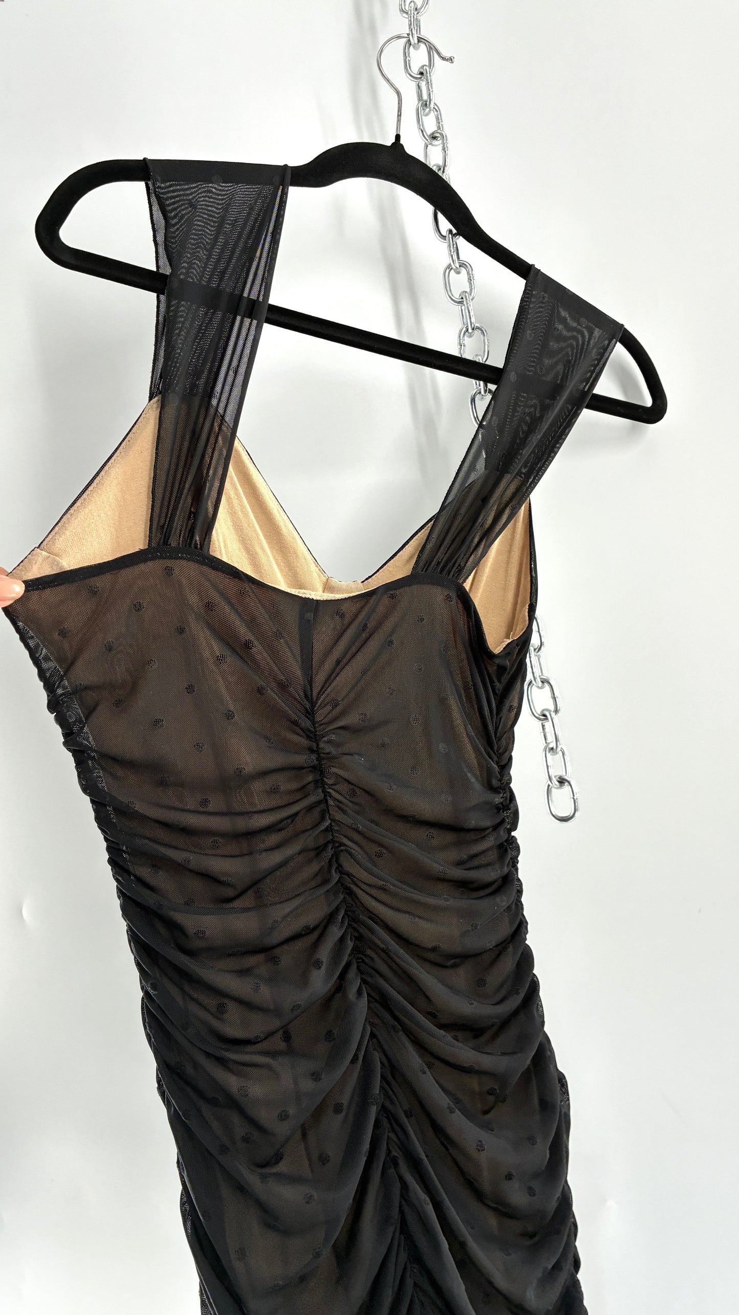 Urban Outfitters Nude Underlay Sheer Black Overlay Polka Dotted and Ruched Bodycon Mini Dress (XS)
