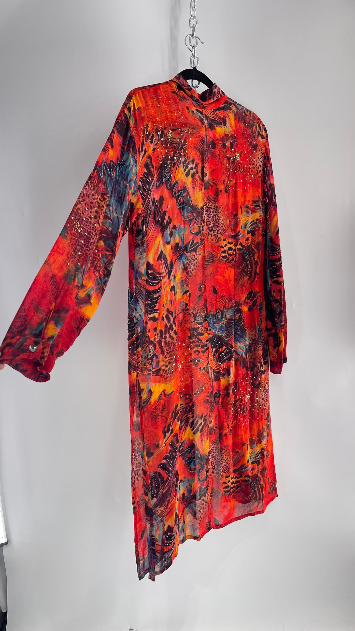 Vintage CHICOs Burnt Orange Sheer Duster Coat with Mixed Animal Print and Embroidery/Beading (XL)