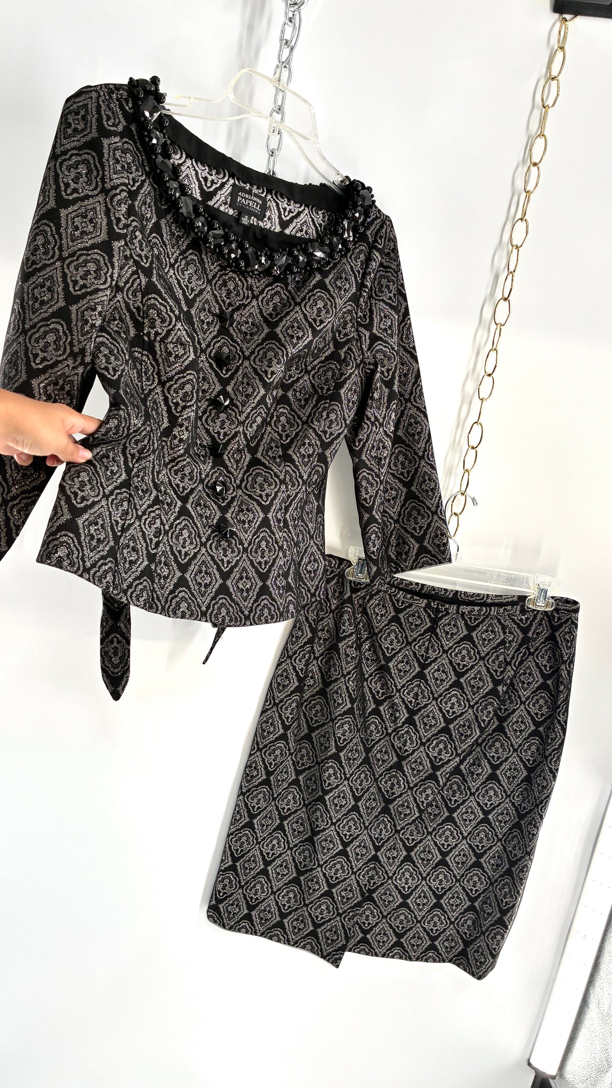Vintage ADRIANNA PAPPELL Set with Brocade Underlay, Black Mesh Overlay, Waist Snatch, and Mini Skirt (10,8)