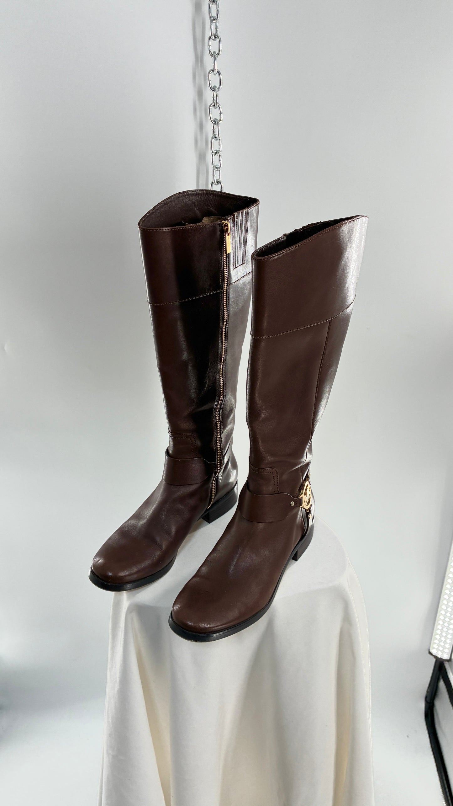 Vintage MICHAEL KORS Knee High Brown Genuine Leather Moto Boot with Gold Detailing (9)