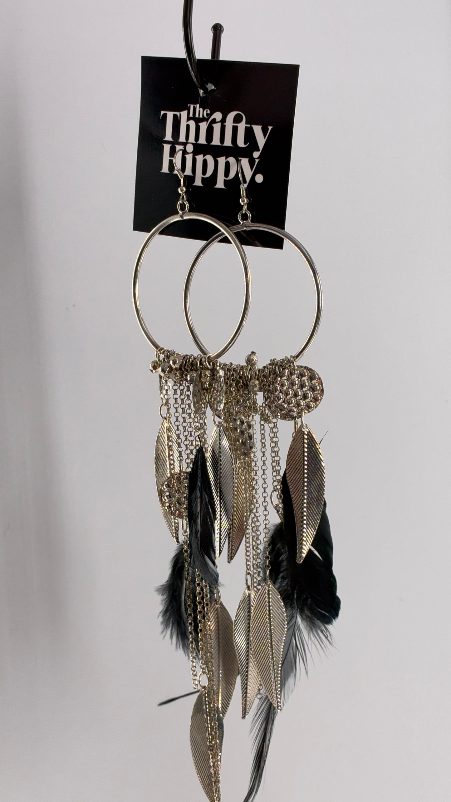 Vintage Hoop Earring with Chains, Feathers and Silver Metal Coins