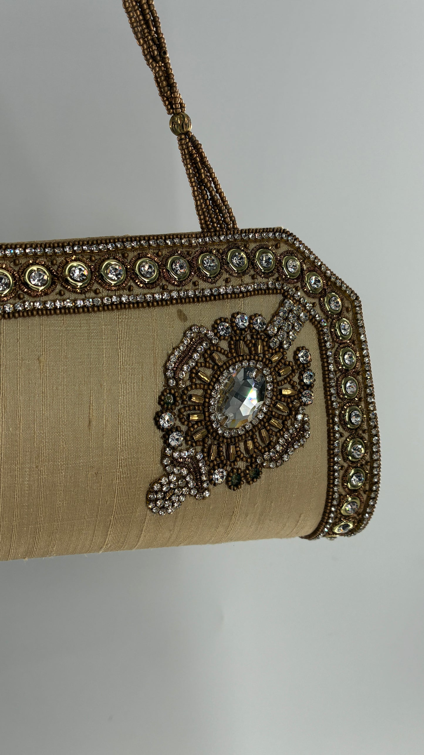 Vintage 1990s Asymmetric Gold Purse with Beading and Rhinestone Detailing