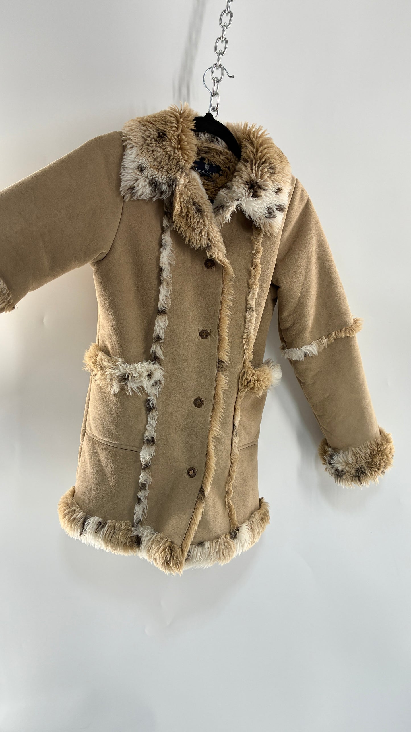LONDON FOG (10/12) Vegan Suede Coat with Leopard Patterned Piping, Trim and Collar