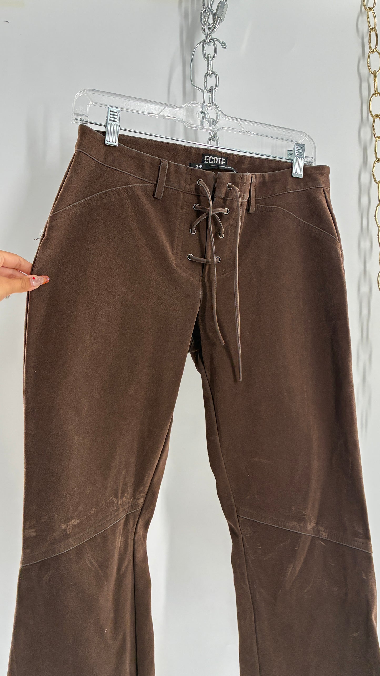 Vintage ECOTE Vegan Leather Velour Brown Lace Up Closure, Low Rise, Boot Leg Pants (Small)