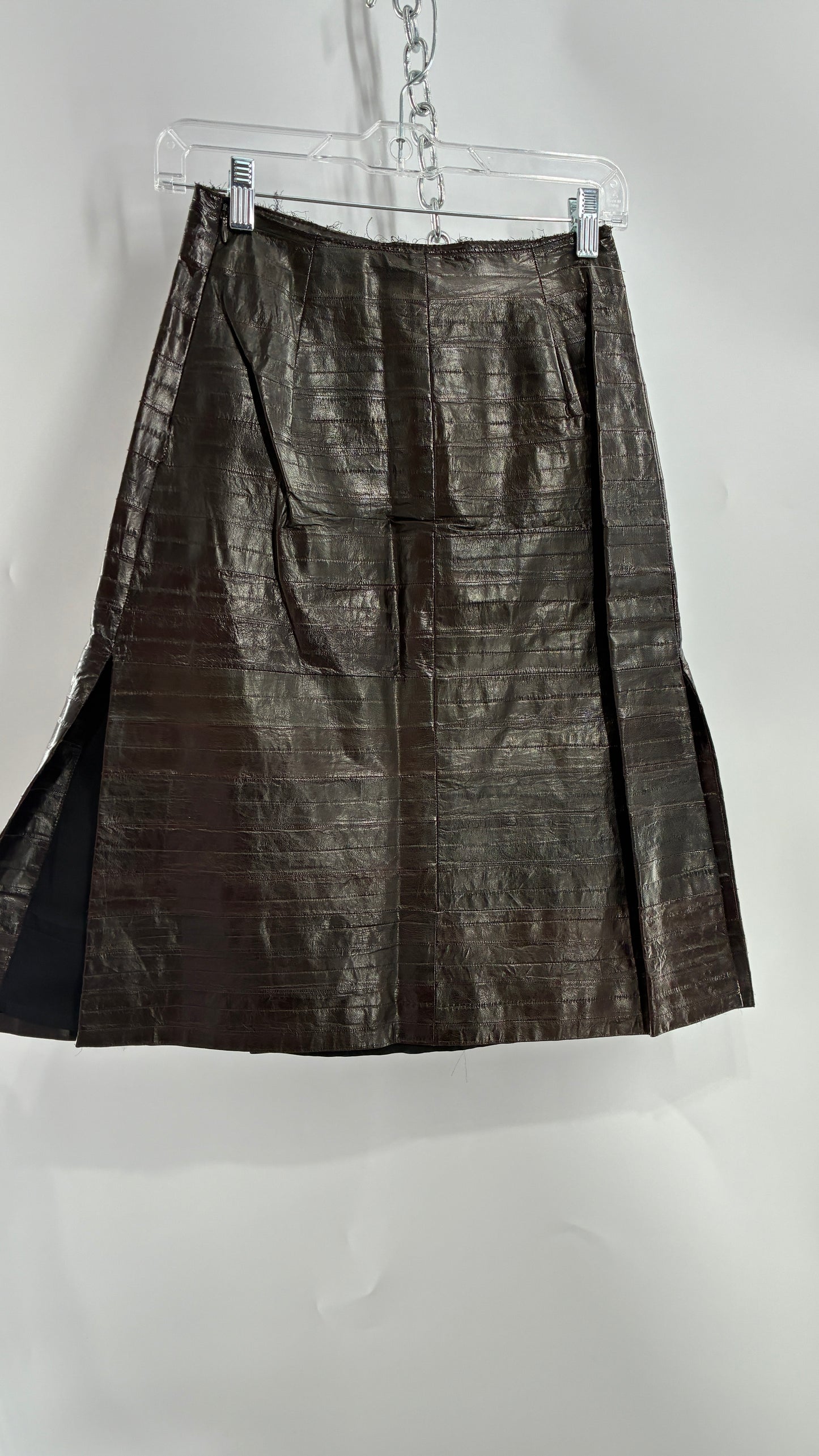 Vintage Handmade Pleated Dark Brown Genuine Leather Patchwork Skirt (XS)