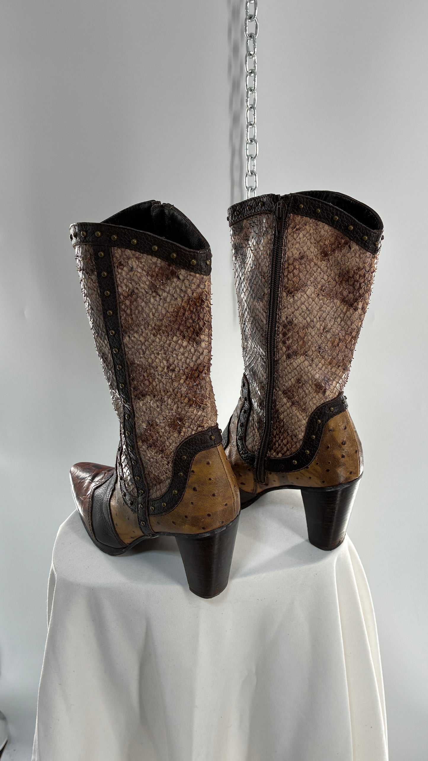 Vintage STUART WEITZMAN Stampede Boots Ft Snake, Crocodile and Ostrich Embossed Leather (8.5)