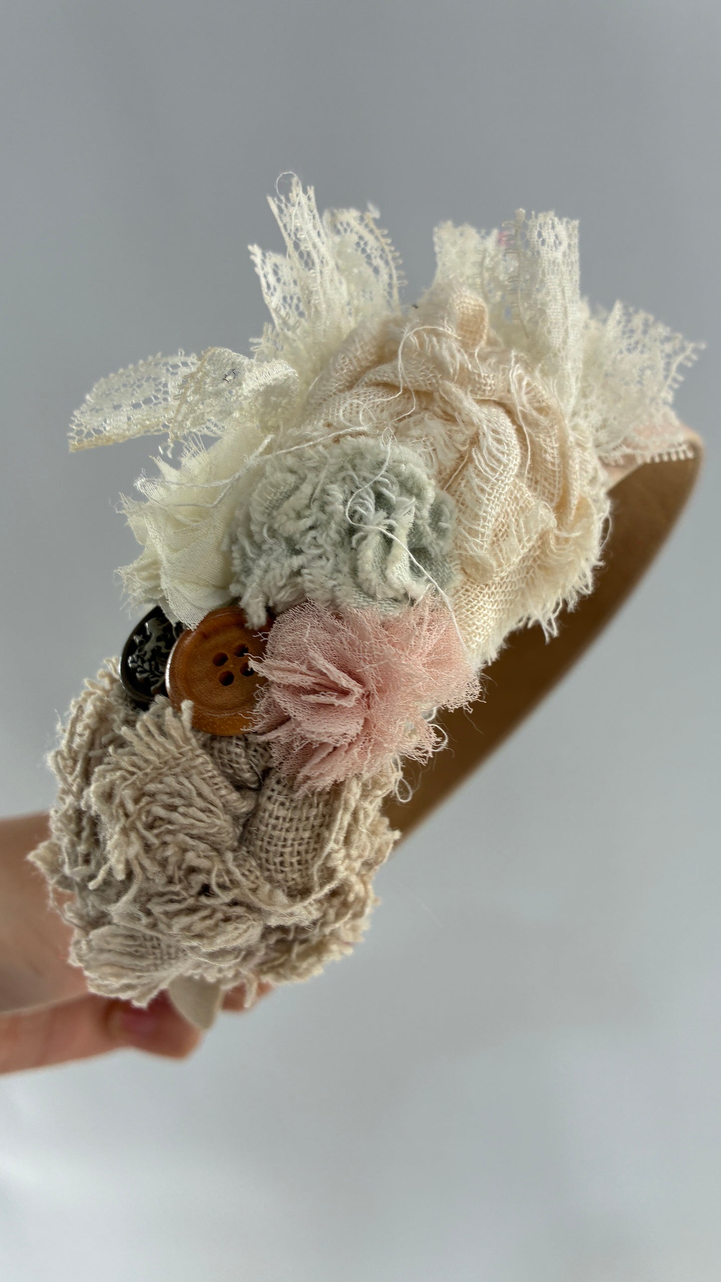 Vintage FARMER Handmade Headband with Ribbon, Flower, Button Appliqués