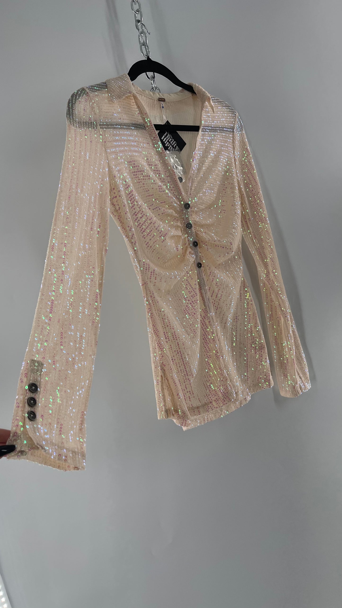 Free People Iridescent Sequined Button Front Ruched Bust Blouse with Tags Attached (Small)