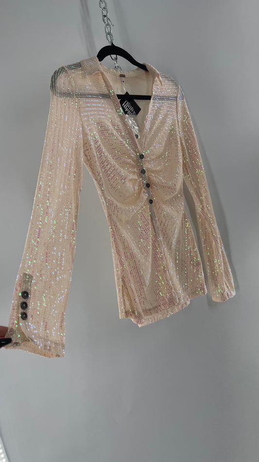 Free People Iridescent Sequined Button Front Ruched Bust Blouse with Tags Attached (Small)