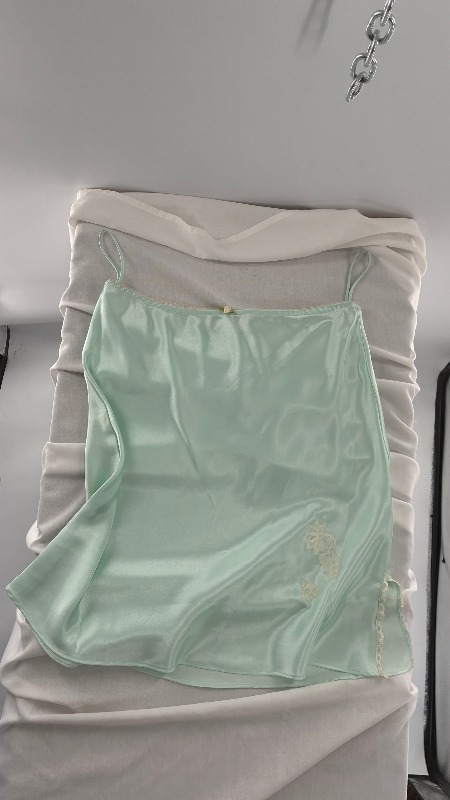 Vintage CRUZ Mint Slip Skirt with Lace Appliqués and Rosette Waistline  (Large)