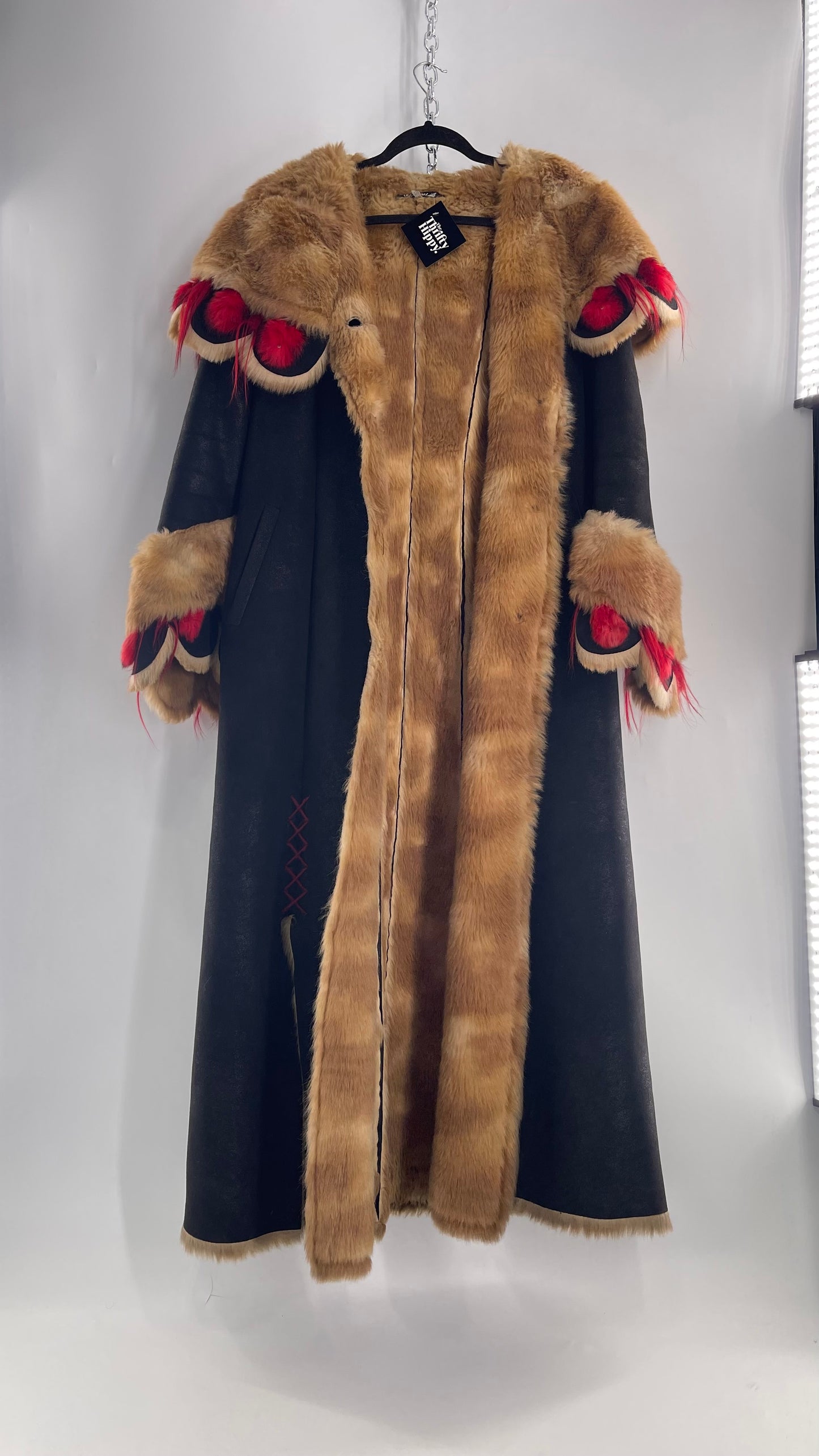 Vintage Russian Black Coat with Brown Fur Piping/Lining, Red Feathers, Scalloped Sleeve, and Hood (Medium)