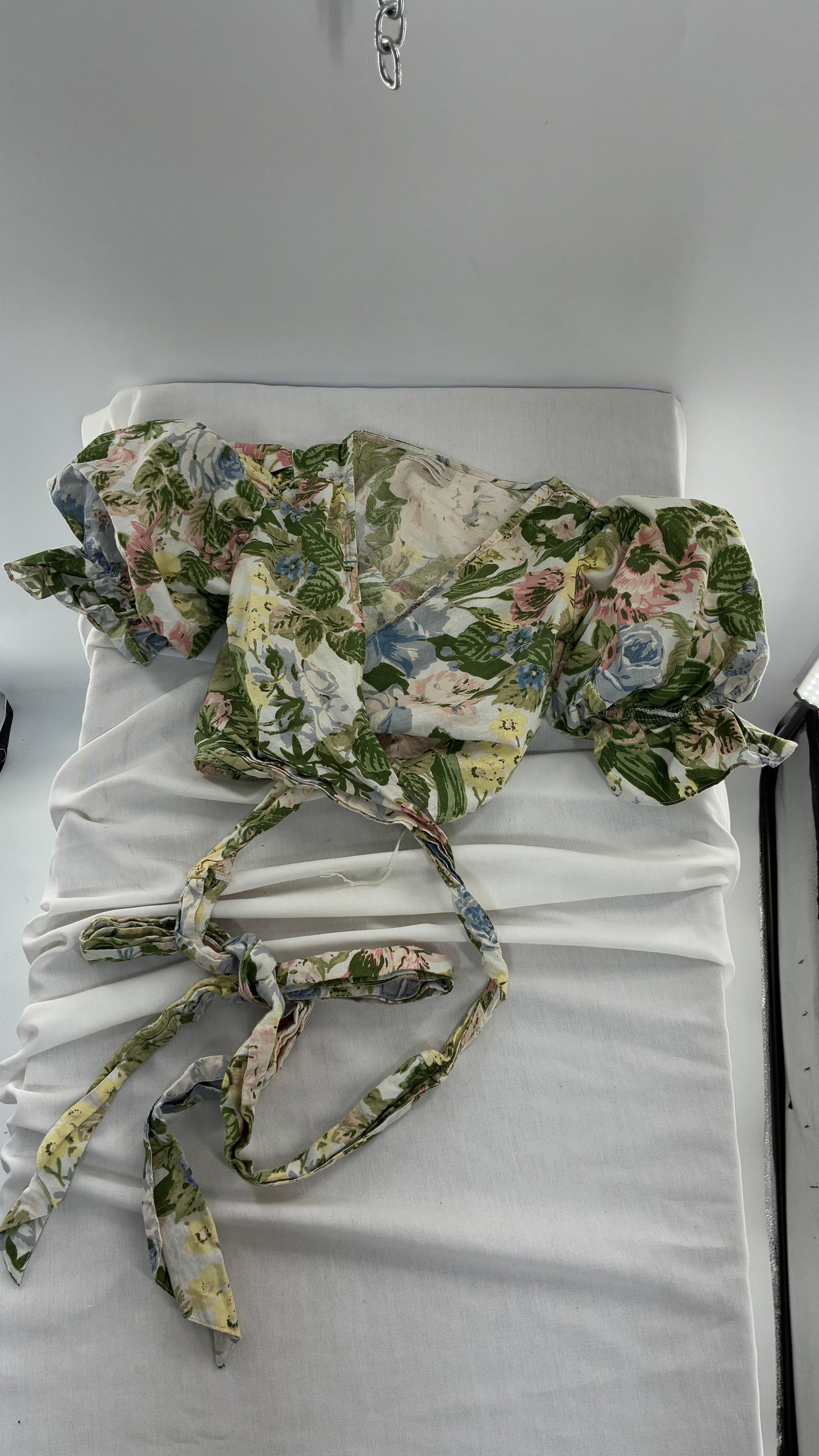 Urban Outfitters Pastel Florals Tie Around Crop with Exaggerated Puff Sleeves  (Medium)