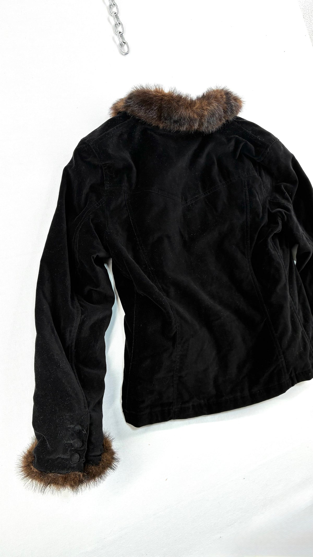 Vintage BLACK RIVET Velour Jacket with Vegan Fur Trim Collar and Cuffs (Large)