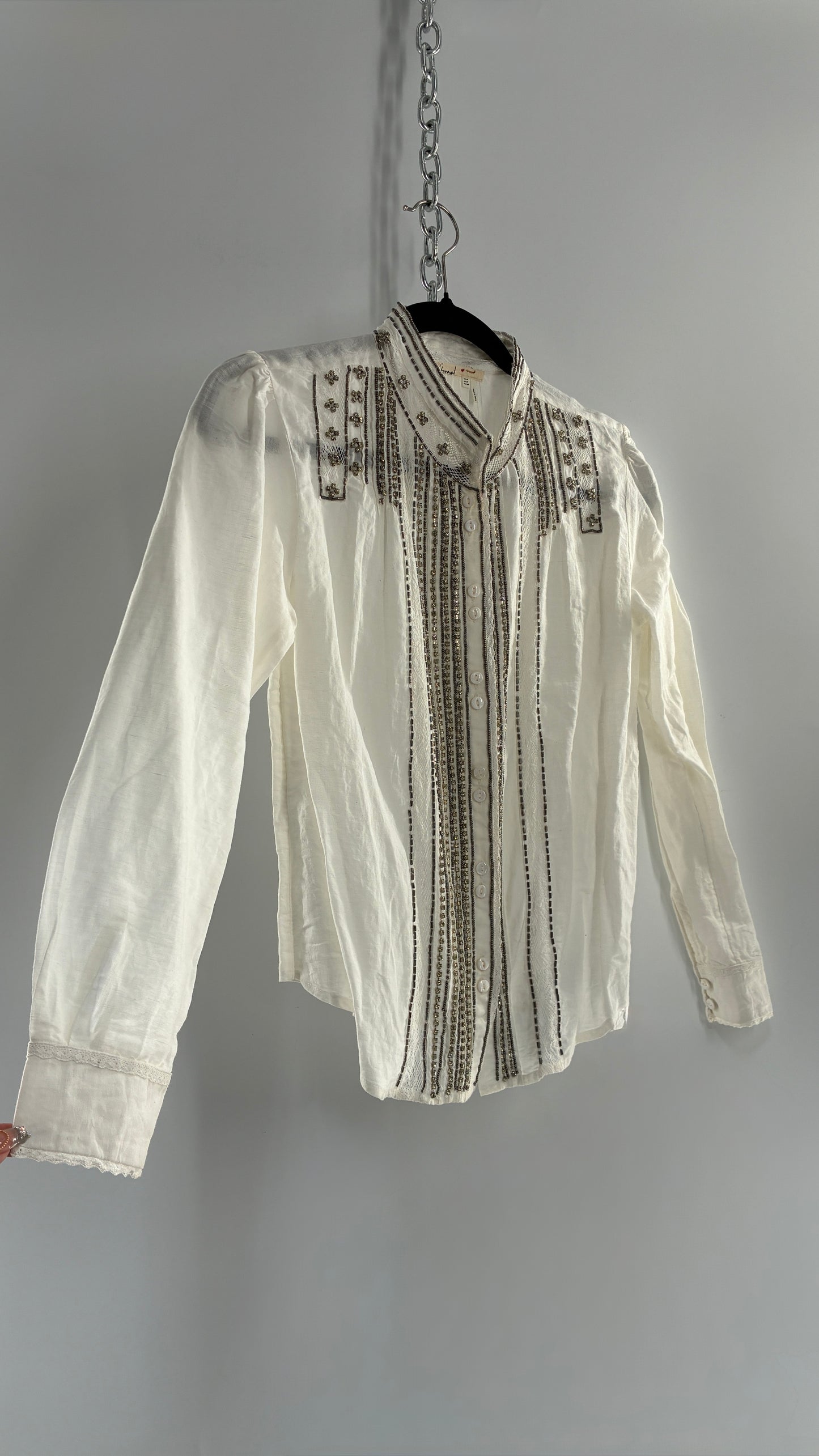 Anthropologie FLOREAT Linen Cotton White Button Up with Lace and Rhinestone Details (4P)