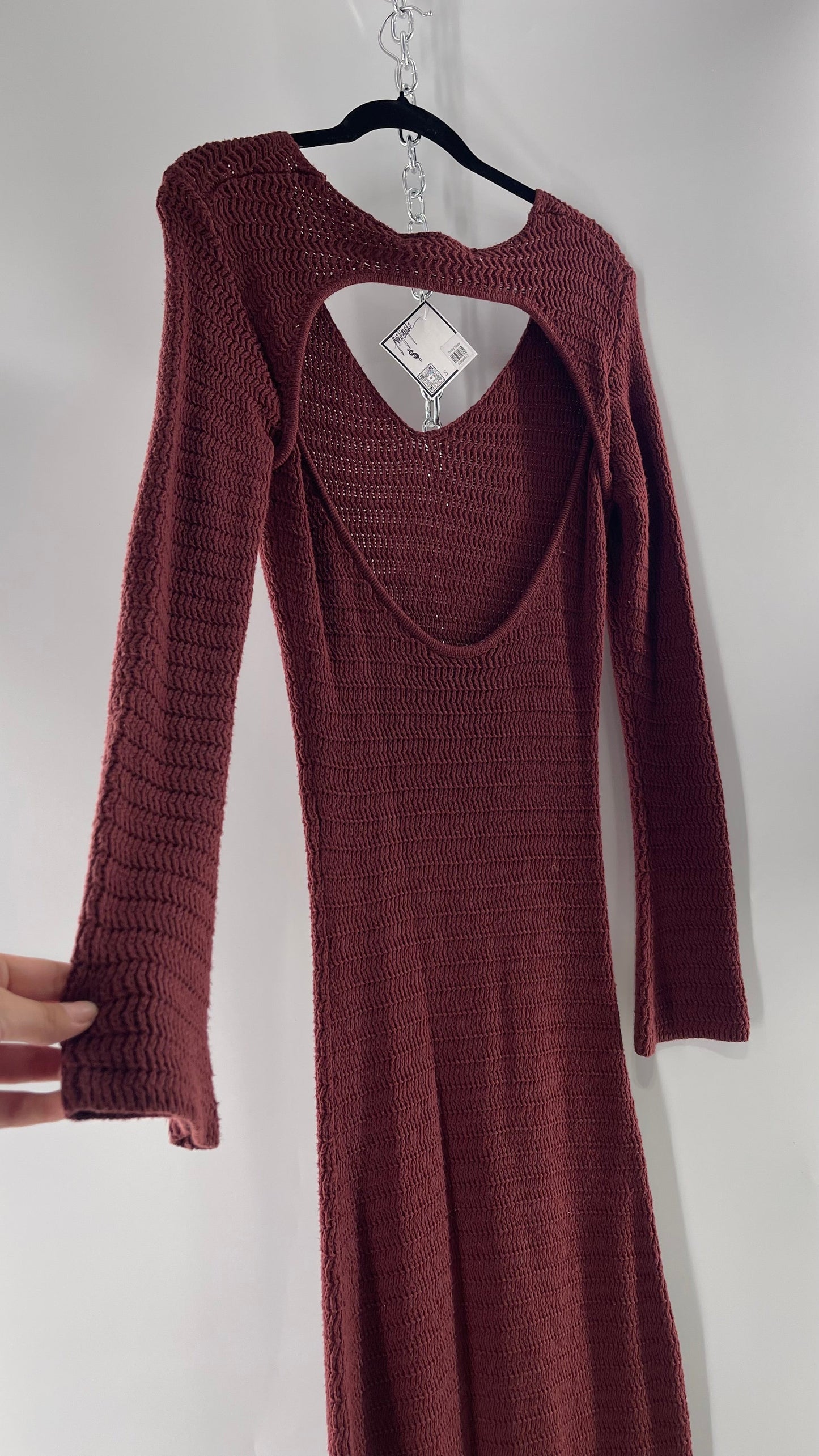 Free People Burgundy Knit Long Sleeve Maxi with Open Back (Large)