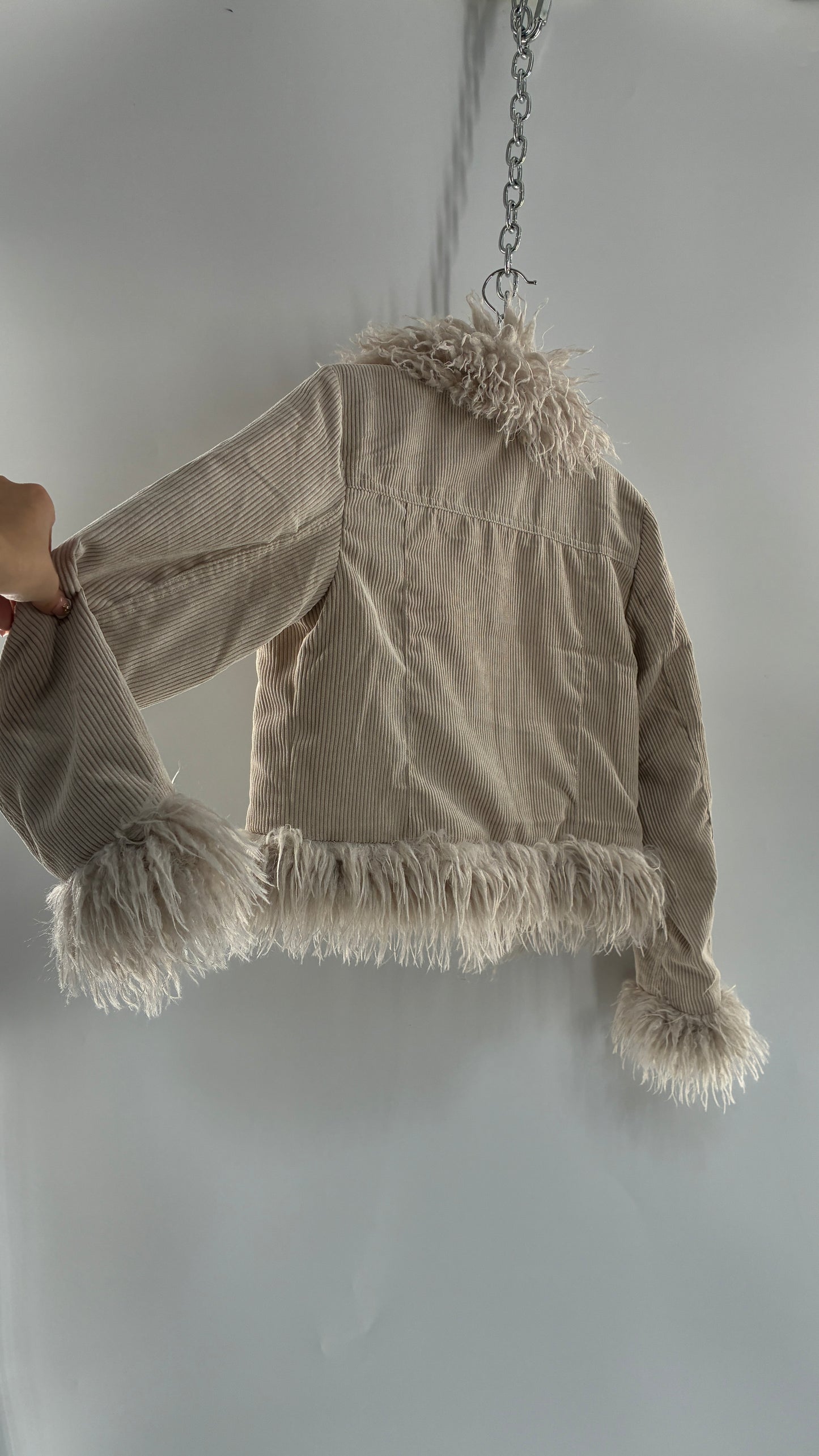 Love Tree Off White Corduroy Jacket with Faux Mongolian Trim Collar and Cuffs Tags Attached (Small)